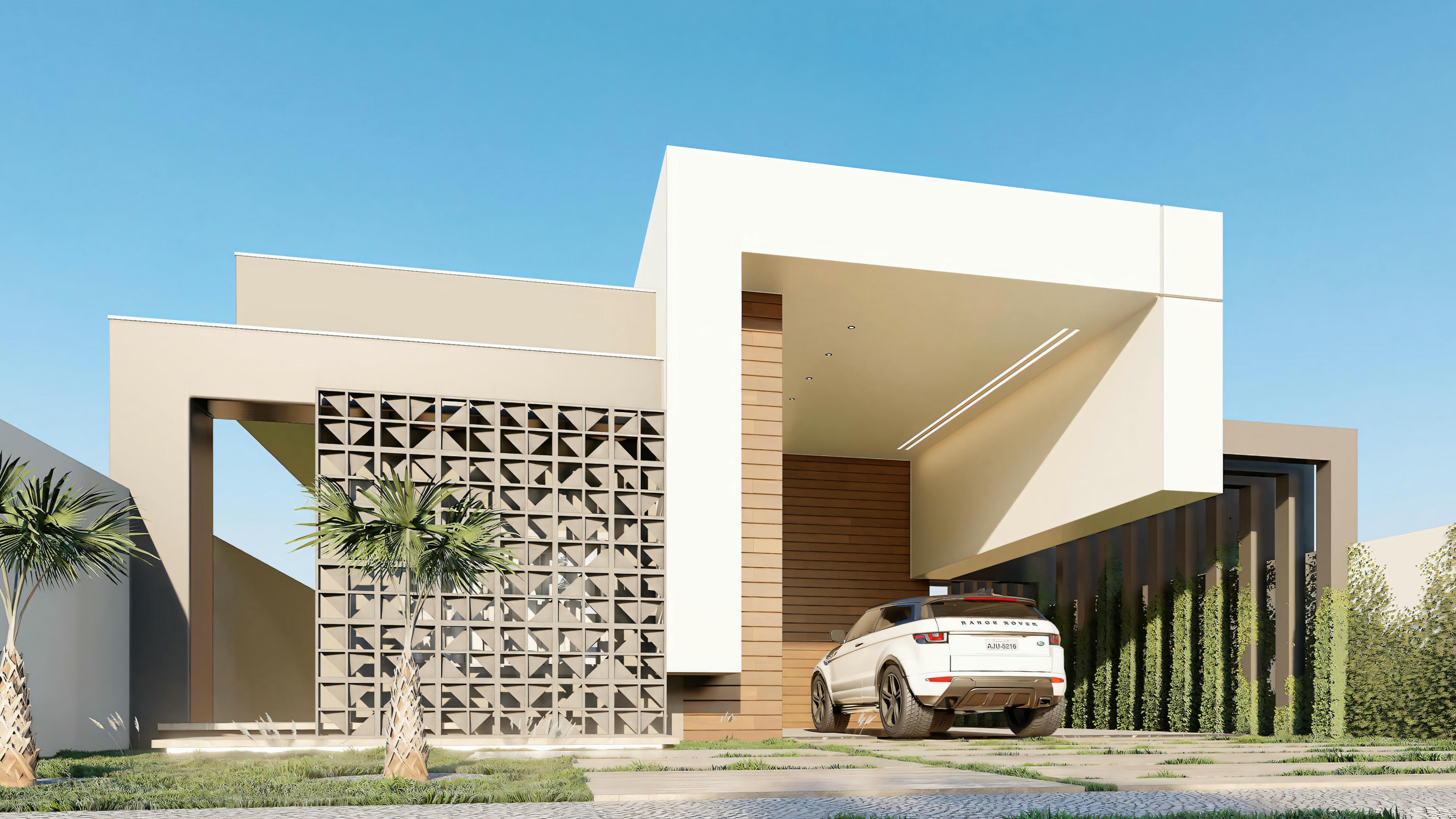 Contemporary house with geometric shapes, large windows, and stone facade, with a car parked in front.