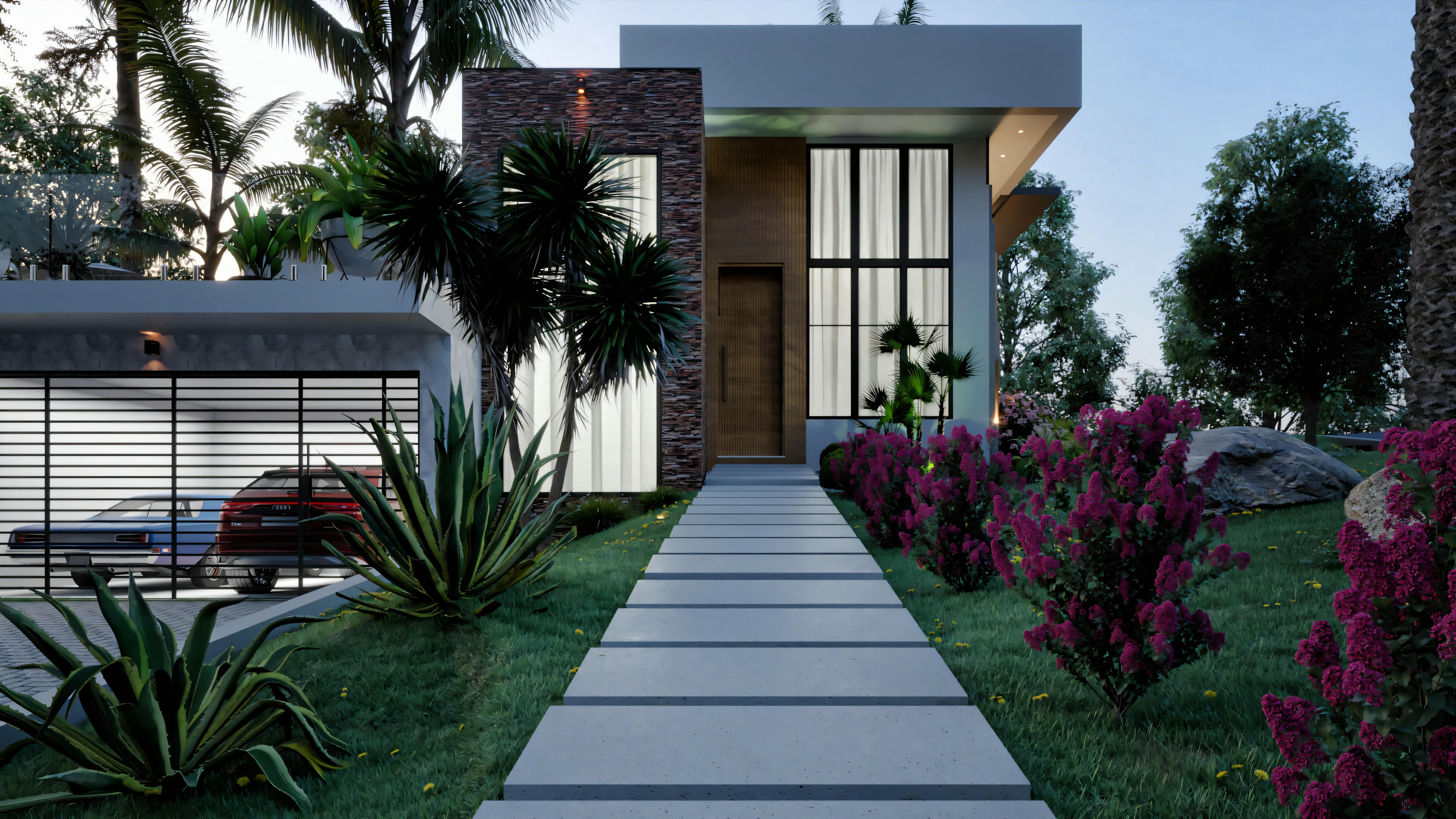 Exterior view of a house at dusk, with illuminated windows, a path to the front door, and a landscaped garden.