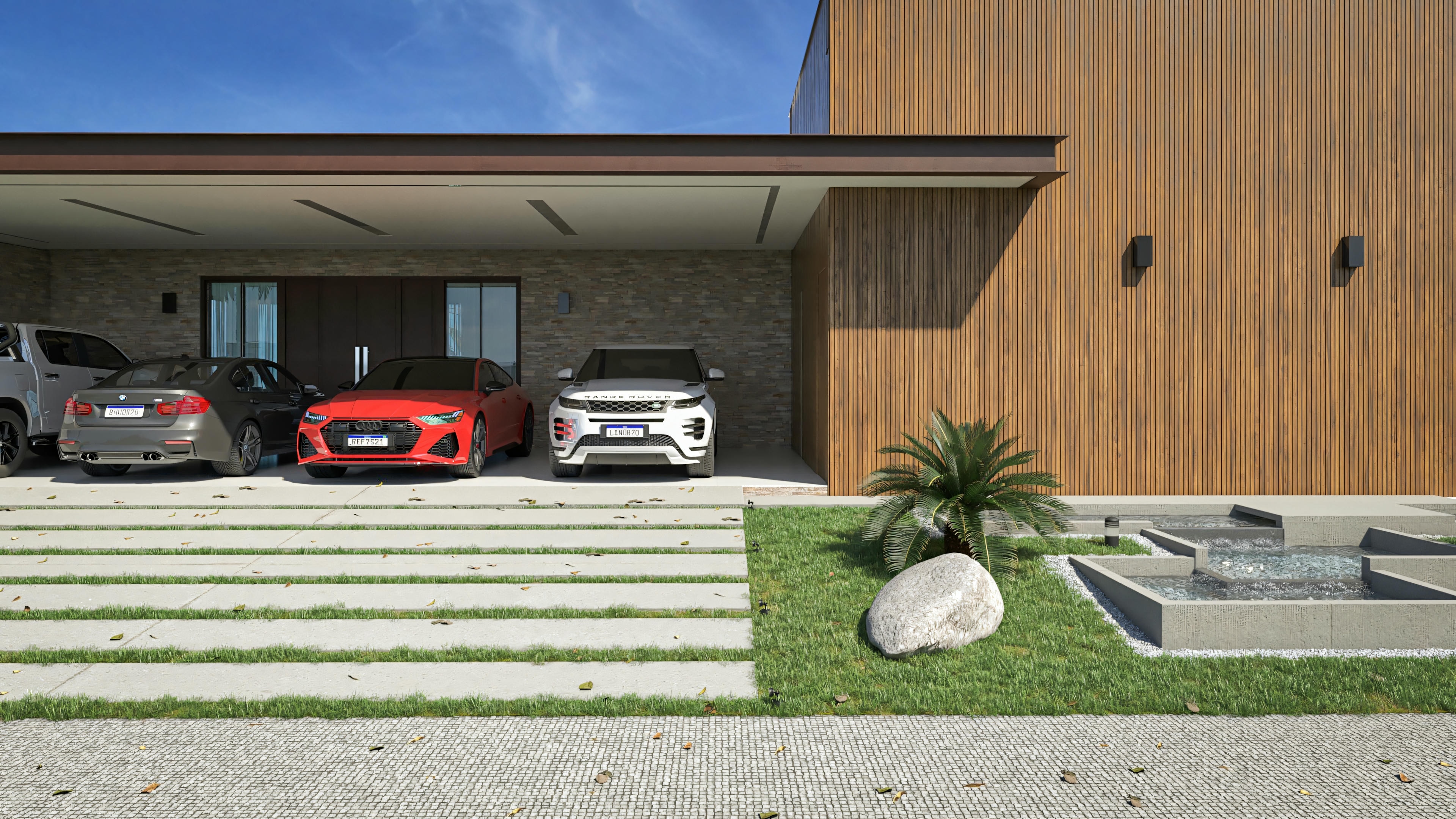 Detalle de la fachada de casa de planta baja de lujo, mostrando garaje cubierto para cuatro coches, revestimiento en piedra clara y paneles de madera vertical, con destaque para paisajismo moderno incluyendo elemento acuático o cantero de diseño, en terreno de 25x40.