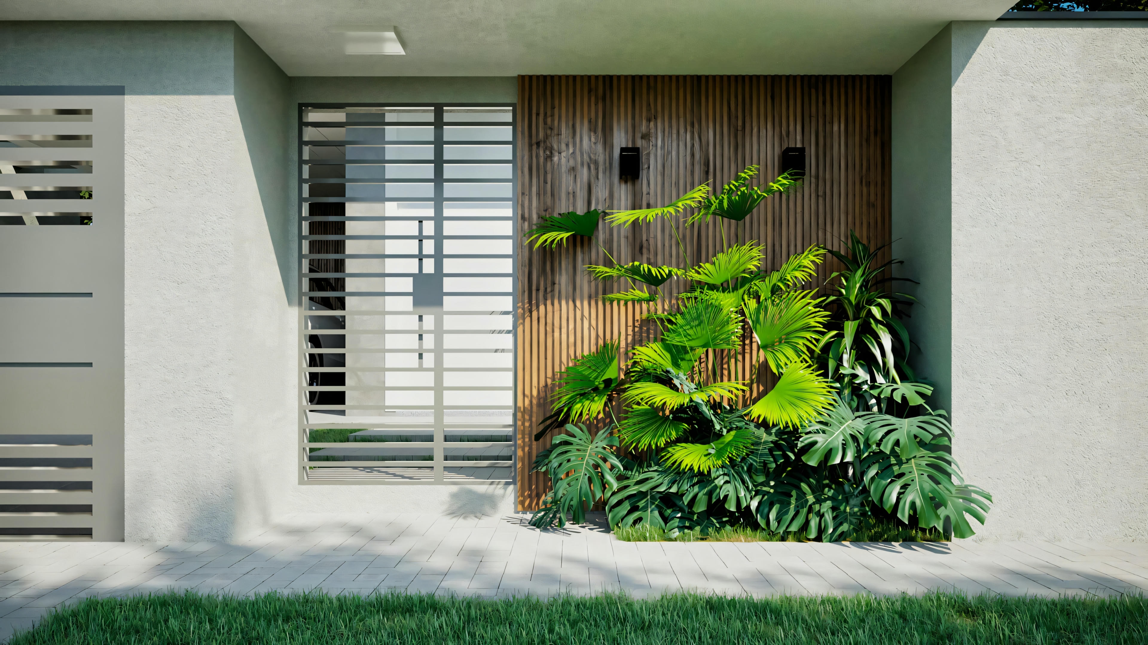 Detalle del paisajismo en la entrada del proyecto de casa moderna ArchShop con 3 suites y piscina. Revestimiento en panel de madera ripada vertical con jardín vertical de plantas tropicales, iluminación con apliques y acabado moderno. Proyecto residencial con 250.56m².
