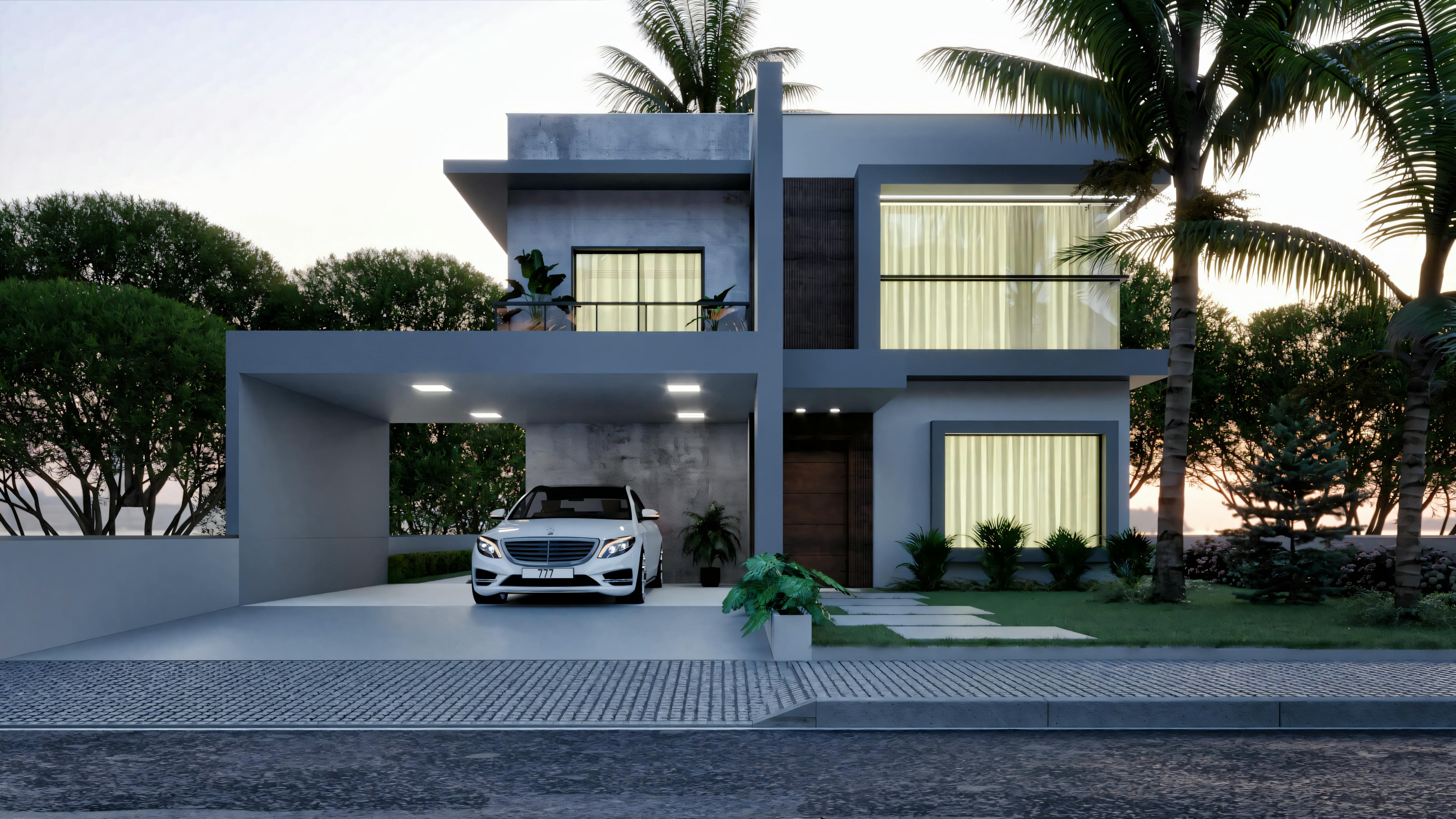 Exterior of a modern house with large windows, entrance, and a car parked in front.