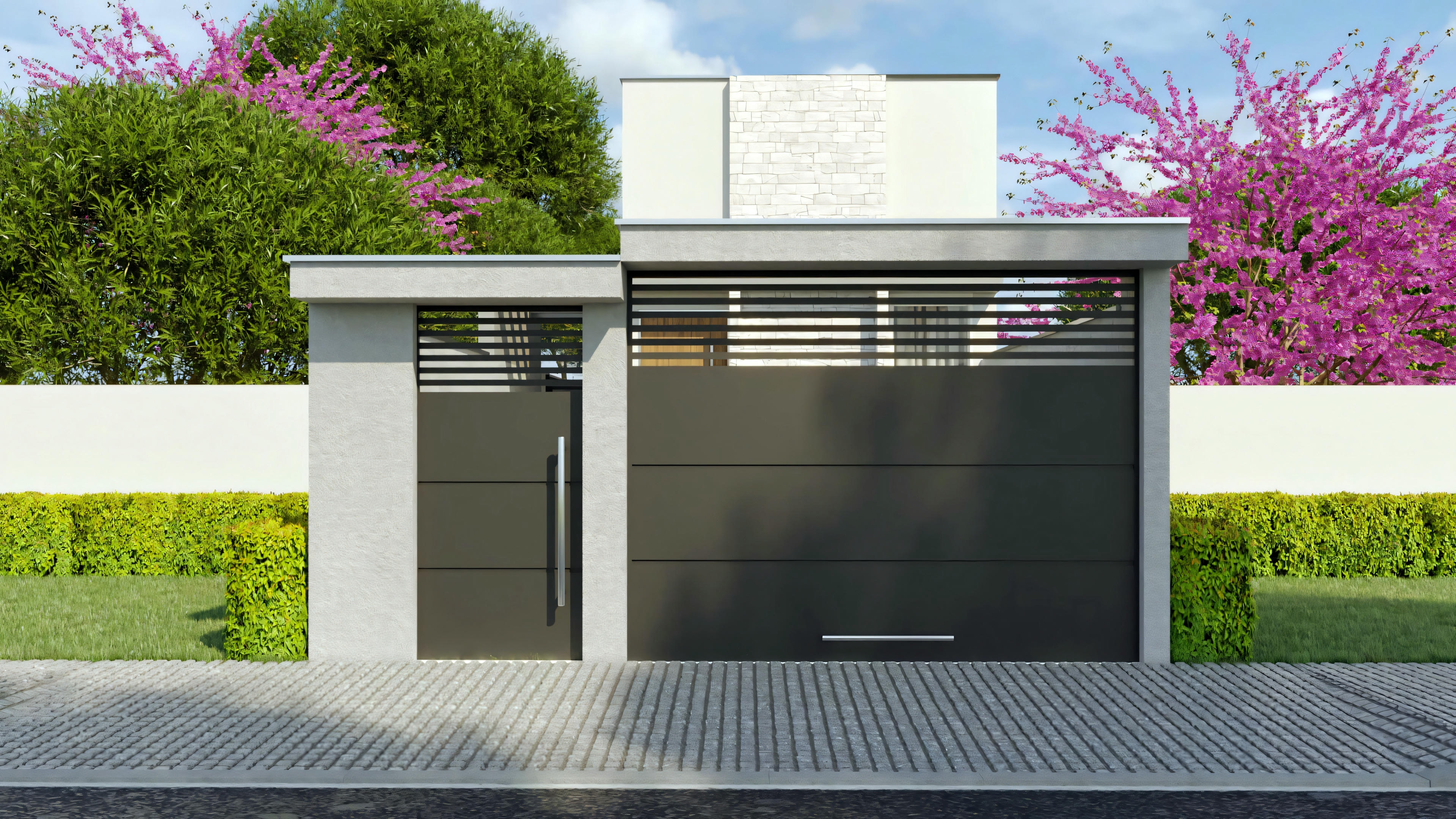 Street view of the facade of a small house on a half lot, showing a light-colored front wall with modern pedestrian and garage gates in dark metal with openwork details.