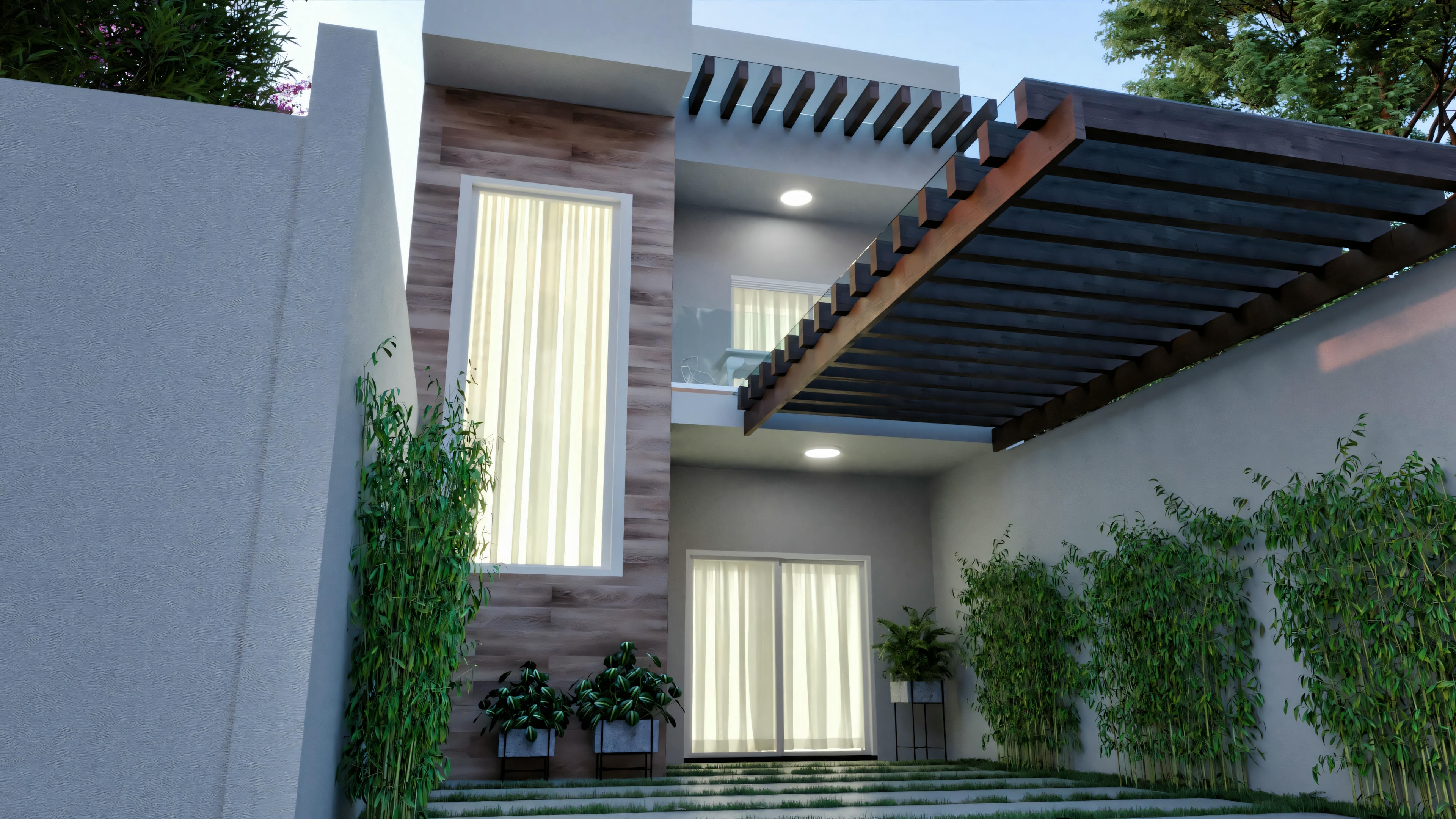 Fachada de uma casa moderna com porta de garagem, caminho de entrada e vegetação ao redor.