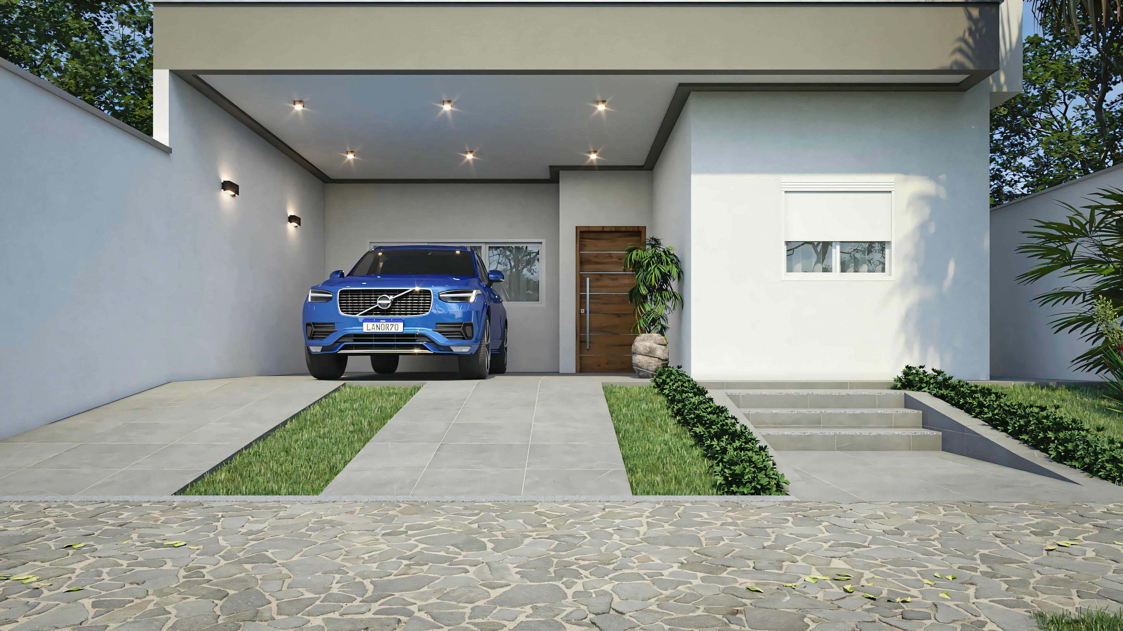 Fachada de una casa moderna con garaje y un coche azul estacionado en la entrada. La casa tiene techo plano, grandes ventanales y está rodeada de vegetación.