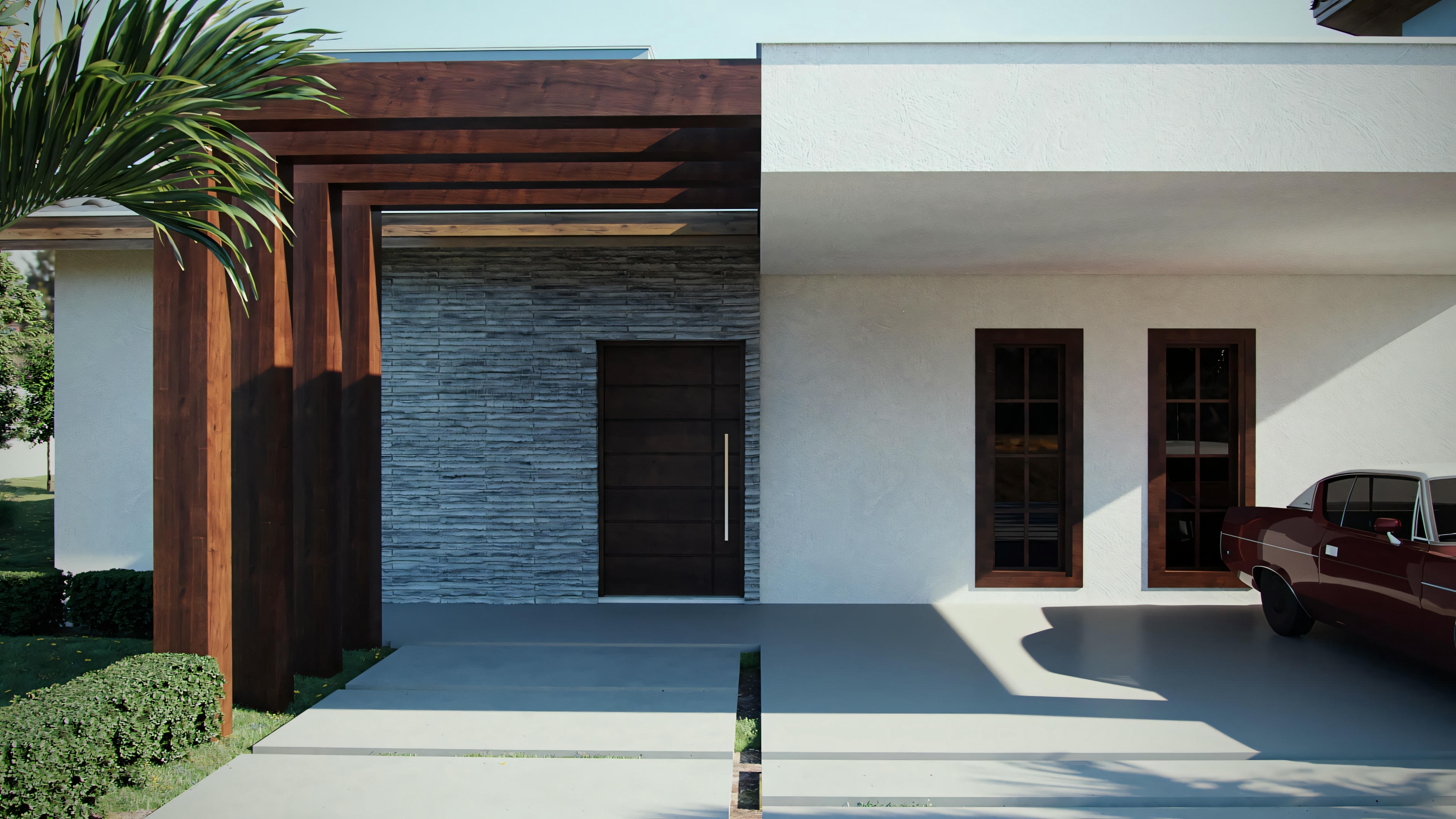 Uma casa moderna com telhado plano, grandes janelas de vidro e portas, combinando paredes brancas com painéis de madeira.