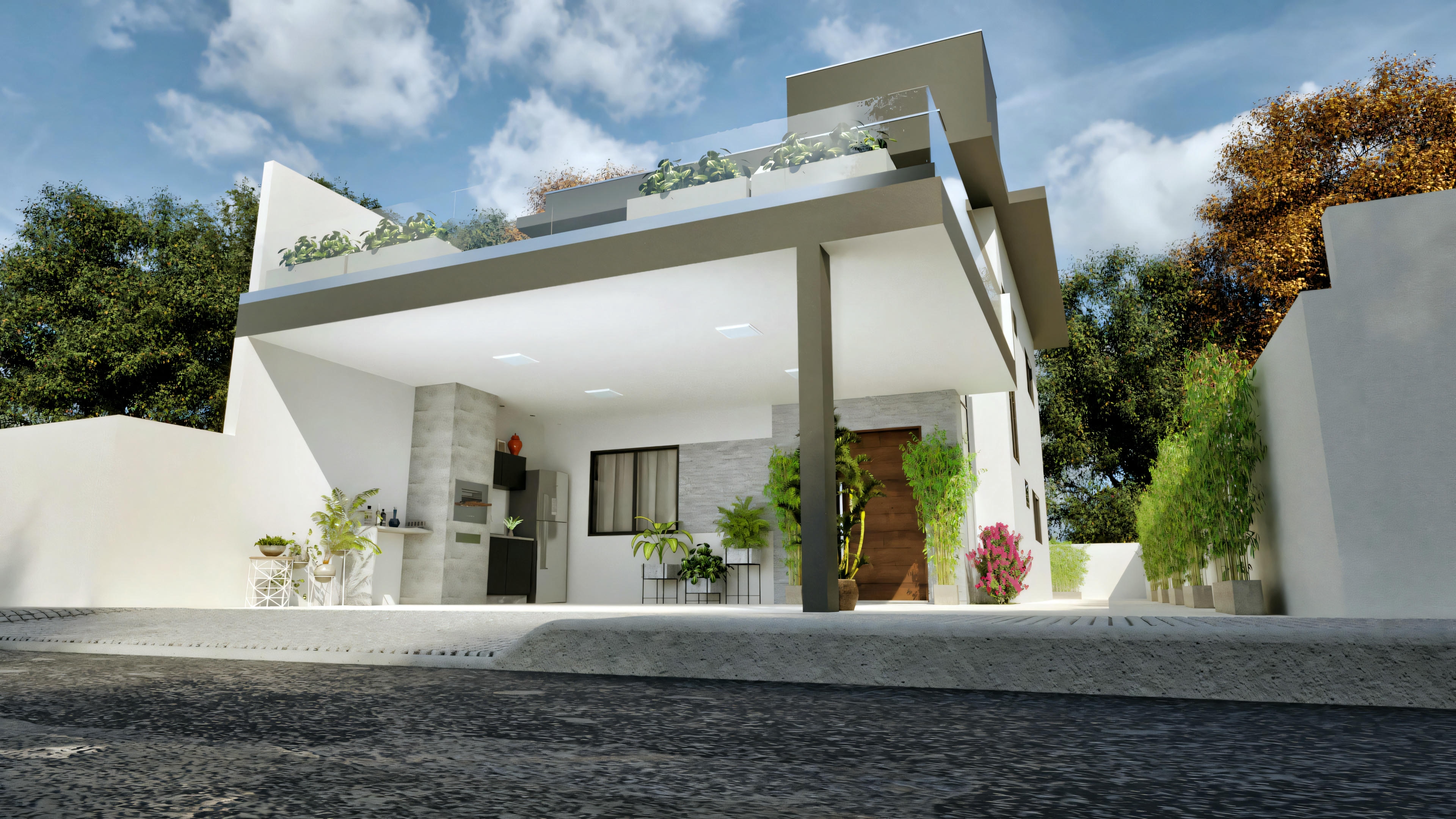 Fachada de uma casa moderna com telhado plano, grandes janelas e céu claro.