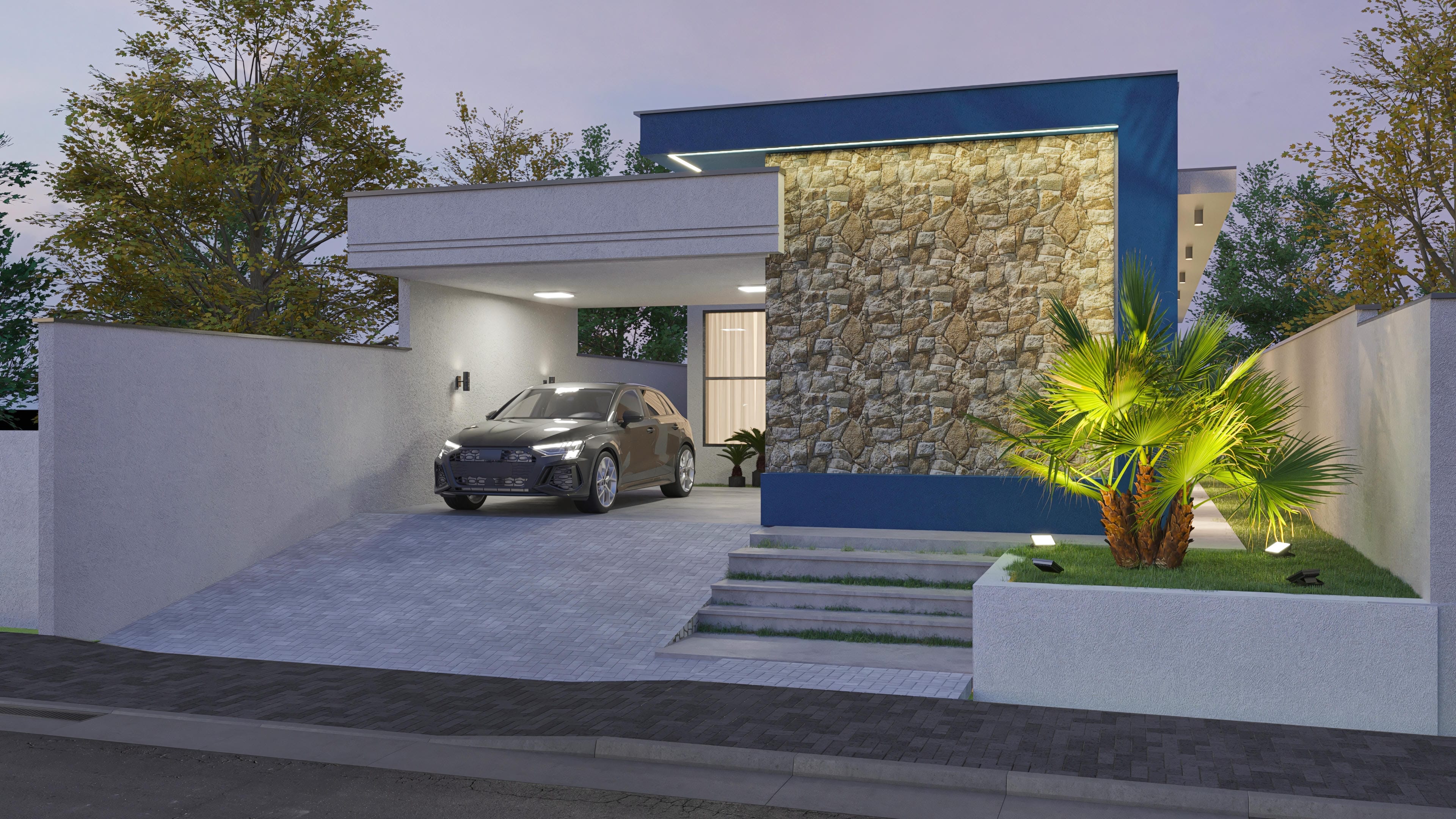 Fachada de casa de una planta moderna con revestimiento de piedra natural y detalles en azul. Proyecto con 3 suites para terrenos de 10x30m.