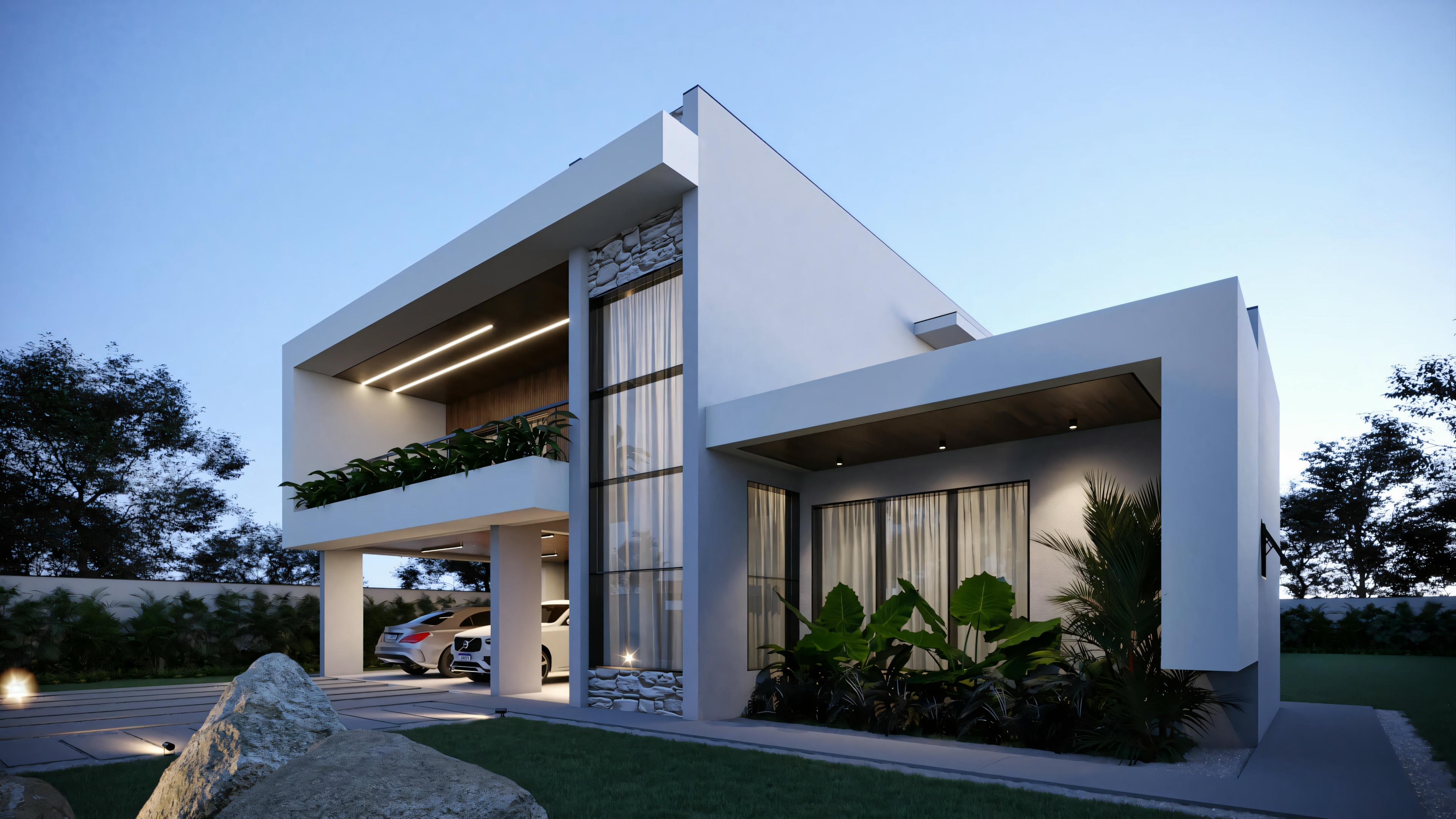 Proyecto de casa lista con 368.67m² en vista nocturna. Fachada moderna con 3 suites y área gourmet, realzada por iluminación artificial, mostrando garaje para 2 autos y detalles en piedra y madera.