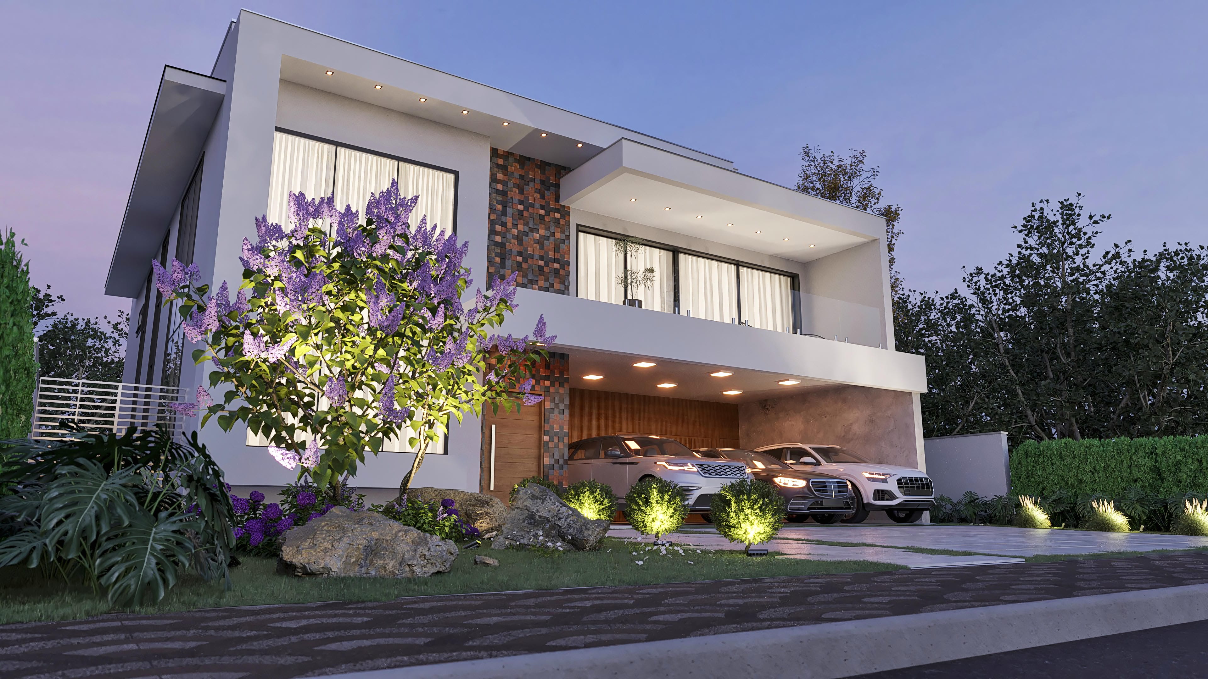 Modern two-story house facade with 4 suites and office, featuring wood, stone details, and large windows.