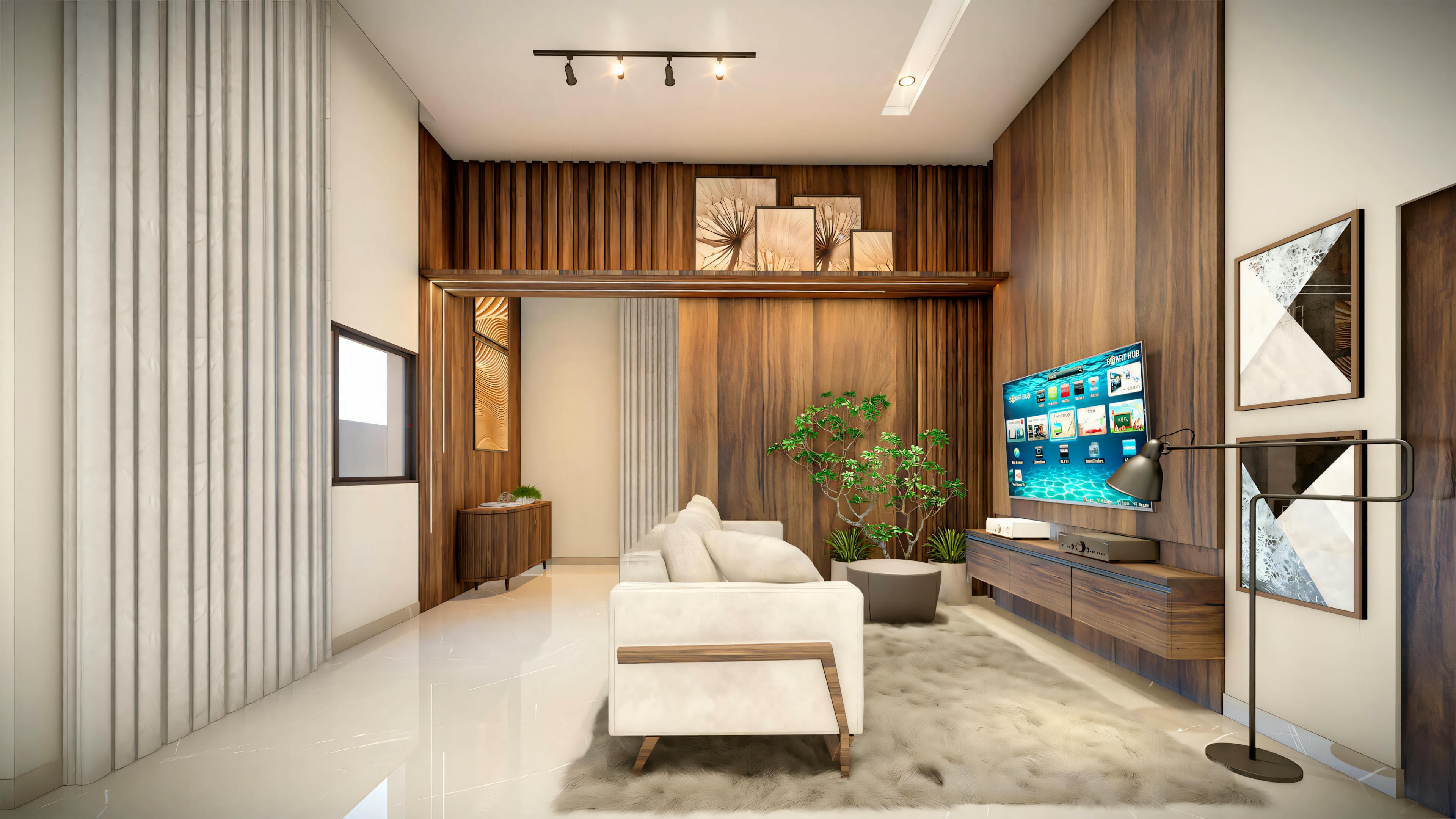 A living room with a large window, sofa set, and an entertainment unit with a television.