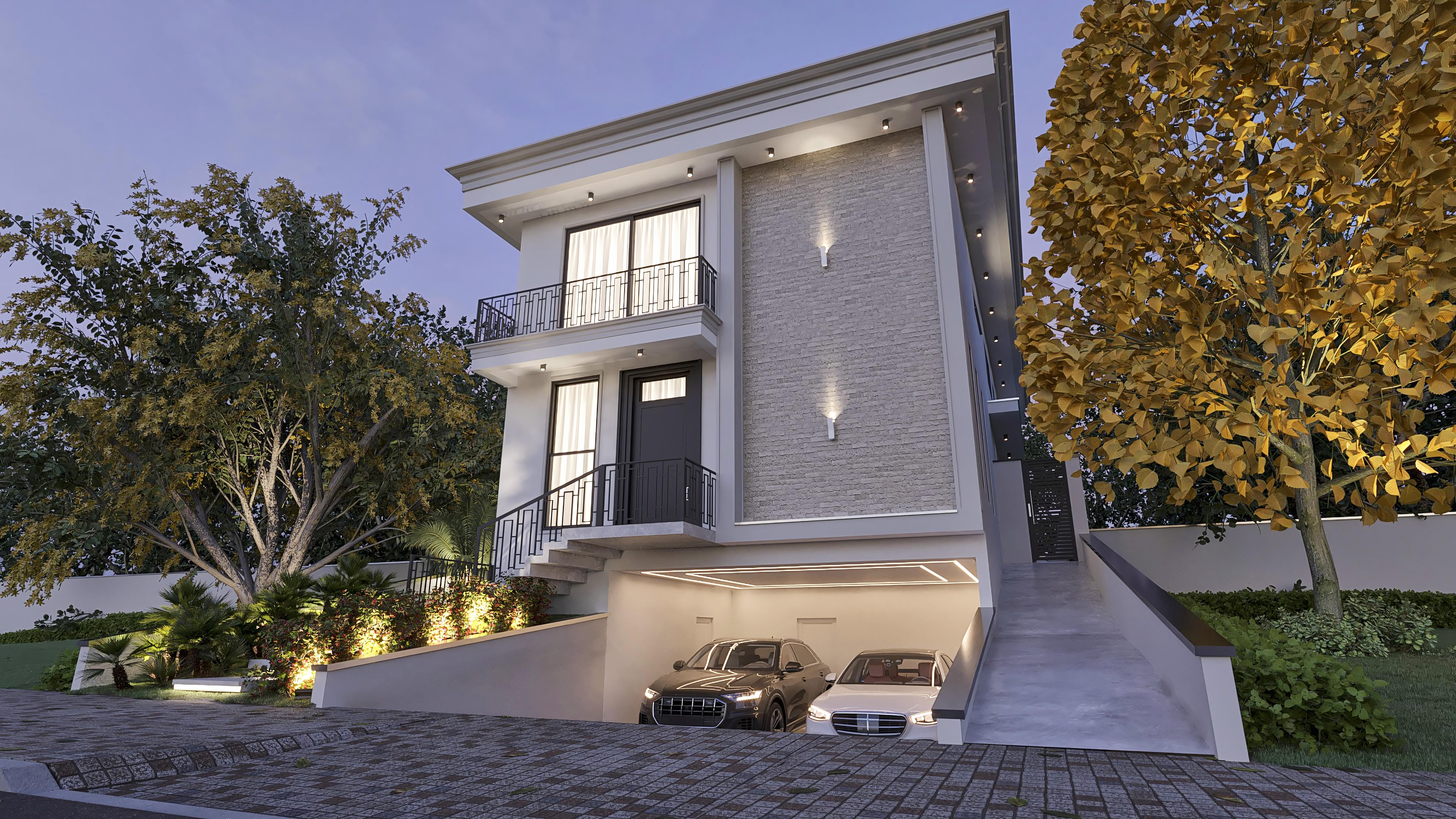 Imposing facade of a 2-story house with 4 suites, gourmet area, and home office, featuring classic and modern details.