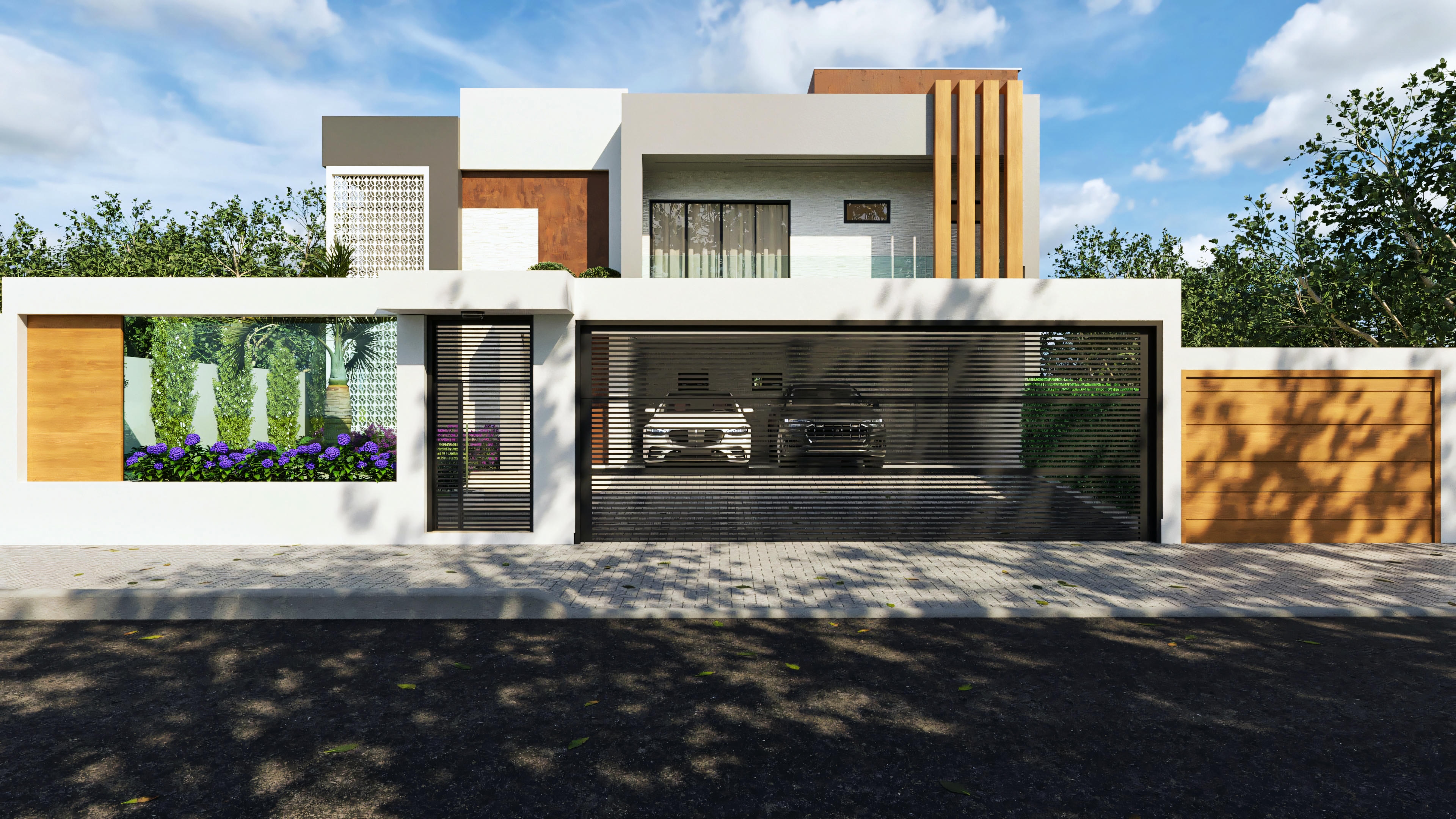 Modern 394.84sqm house project with 4 suites, pool, office, and gourmet area. Facade with black metal garage and pedestrian gates with slatted/openwork design, wall with glass detail revealing internal landscaping, on a 20x25 lot.