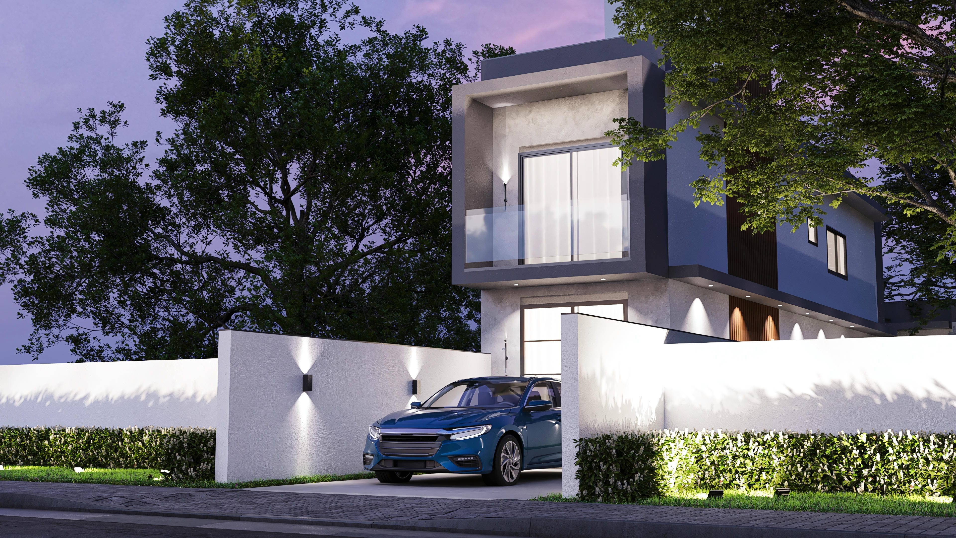 Modern facade of a compact two-story house with straight lines, geometric volumes, exposed concrete cladding, and wood details. It features large windows and sophisticated external lighting.