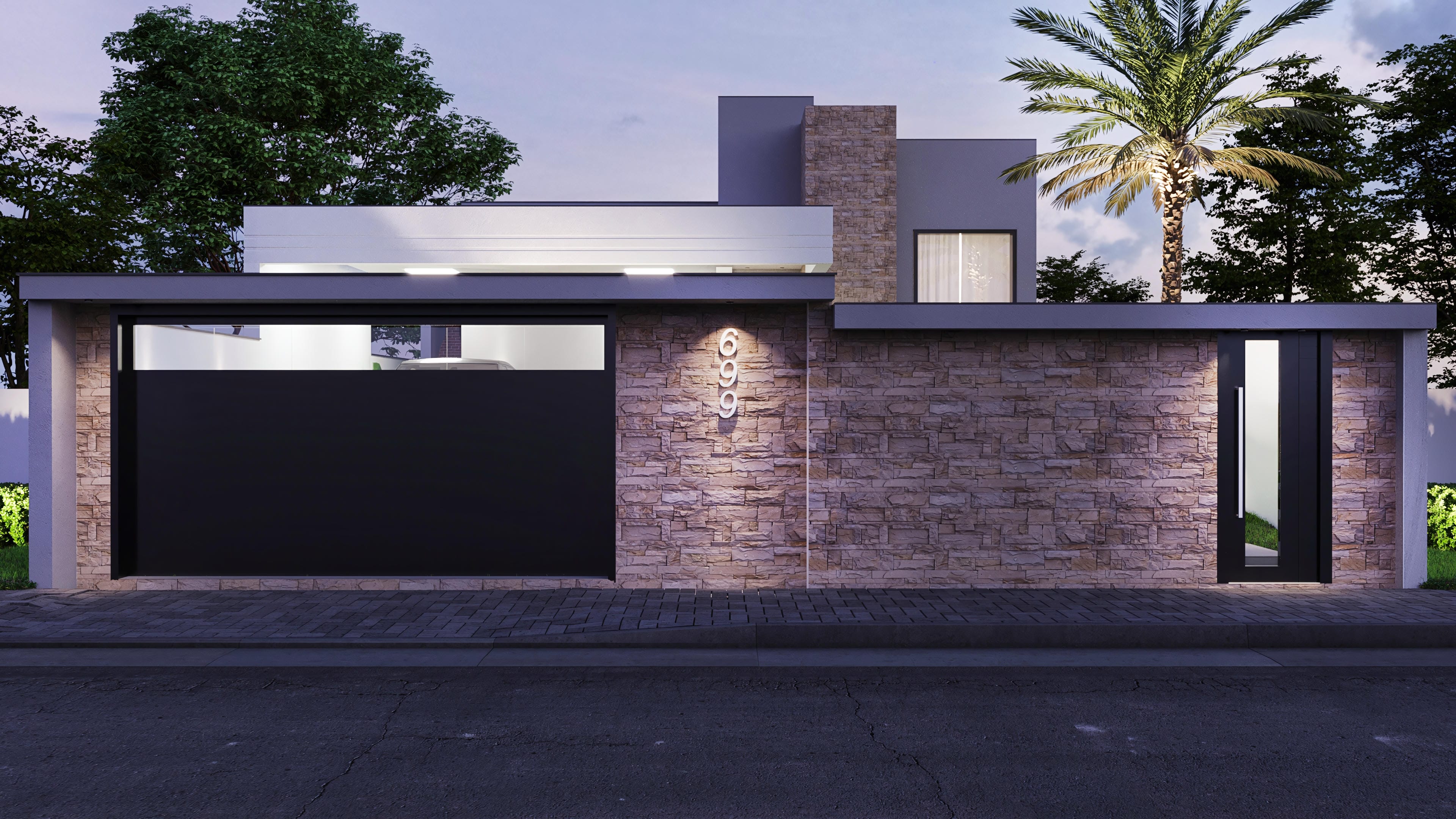 Facade of a modern single-story house on a 12x30m lot. Highlights for natural stone cladding, wide frames, and LED lighting.