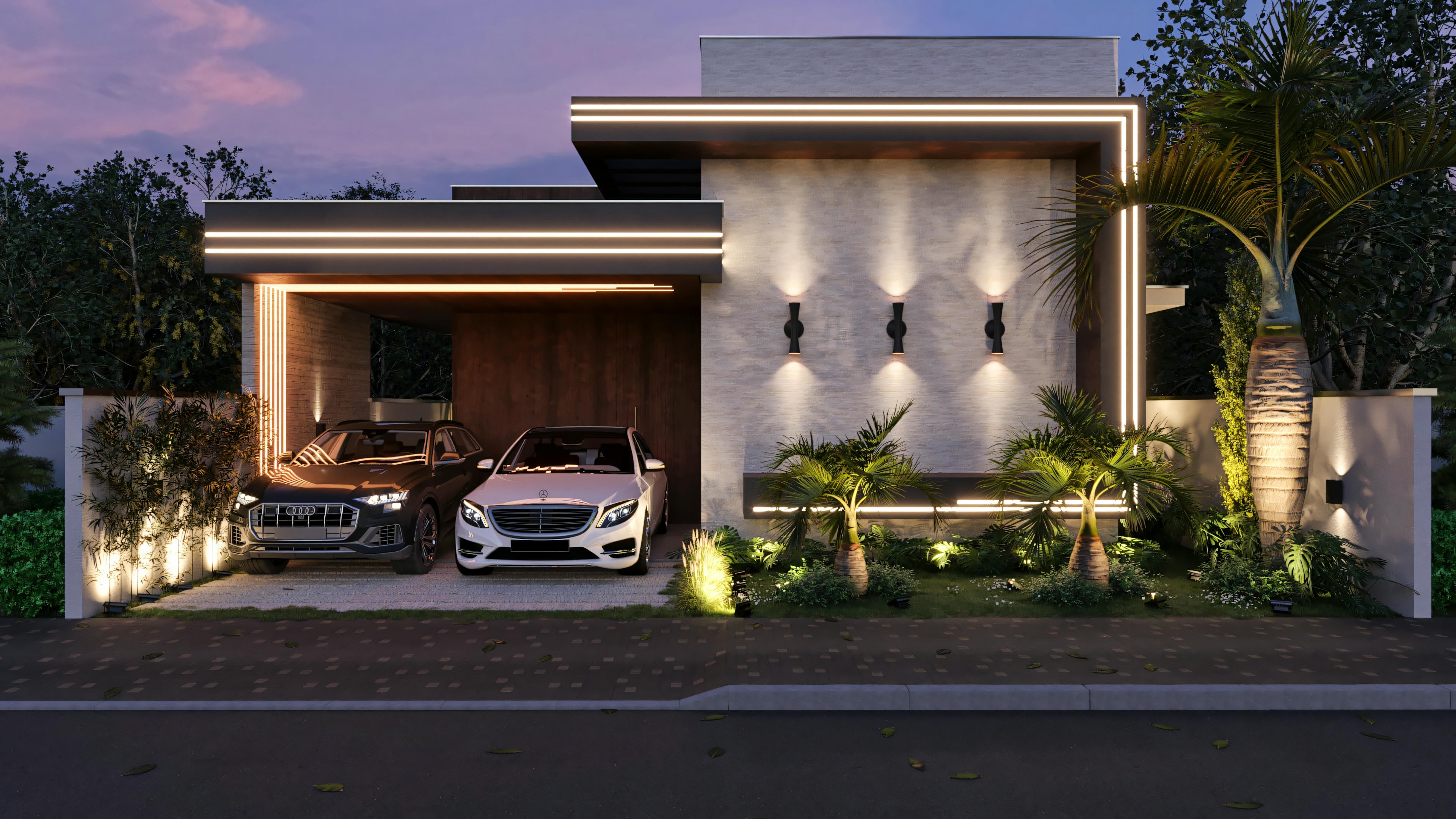 Night lighting of the facade of a modern house with 3 bedrooms, 2 of which are suites, and a 2-car garage. House plan of 144.98m² on a 12x20 plot, ideal for those seeking a house with a gourmet area.