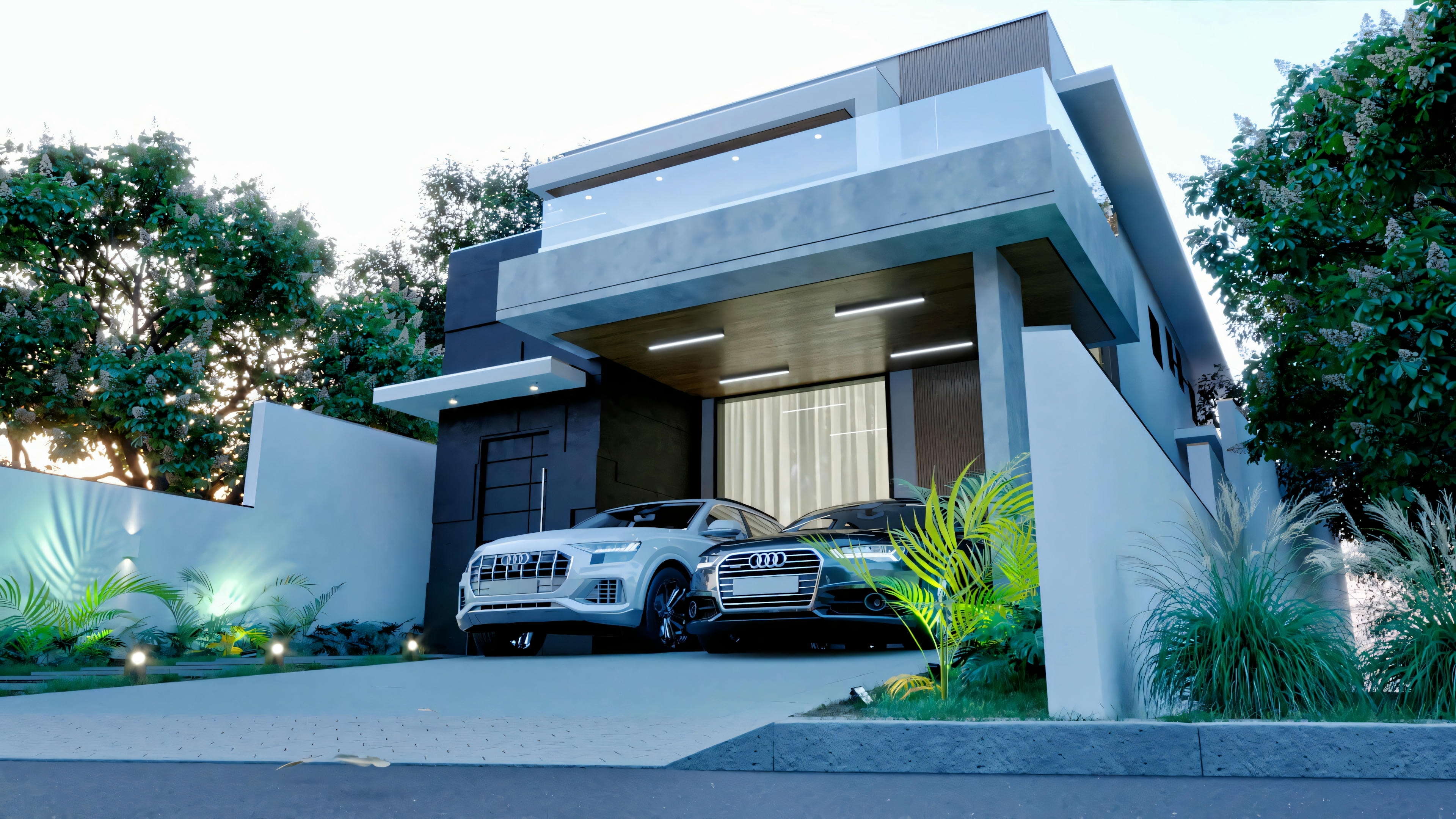 Modern house at dusk with lights on, highlighting its architectural features.