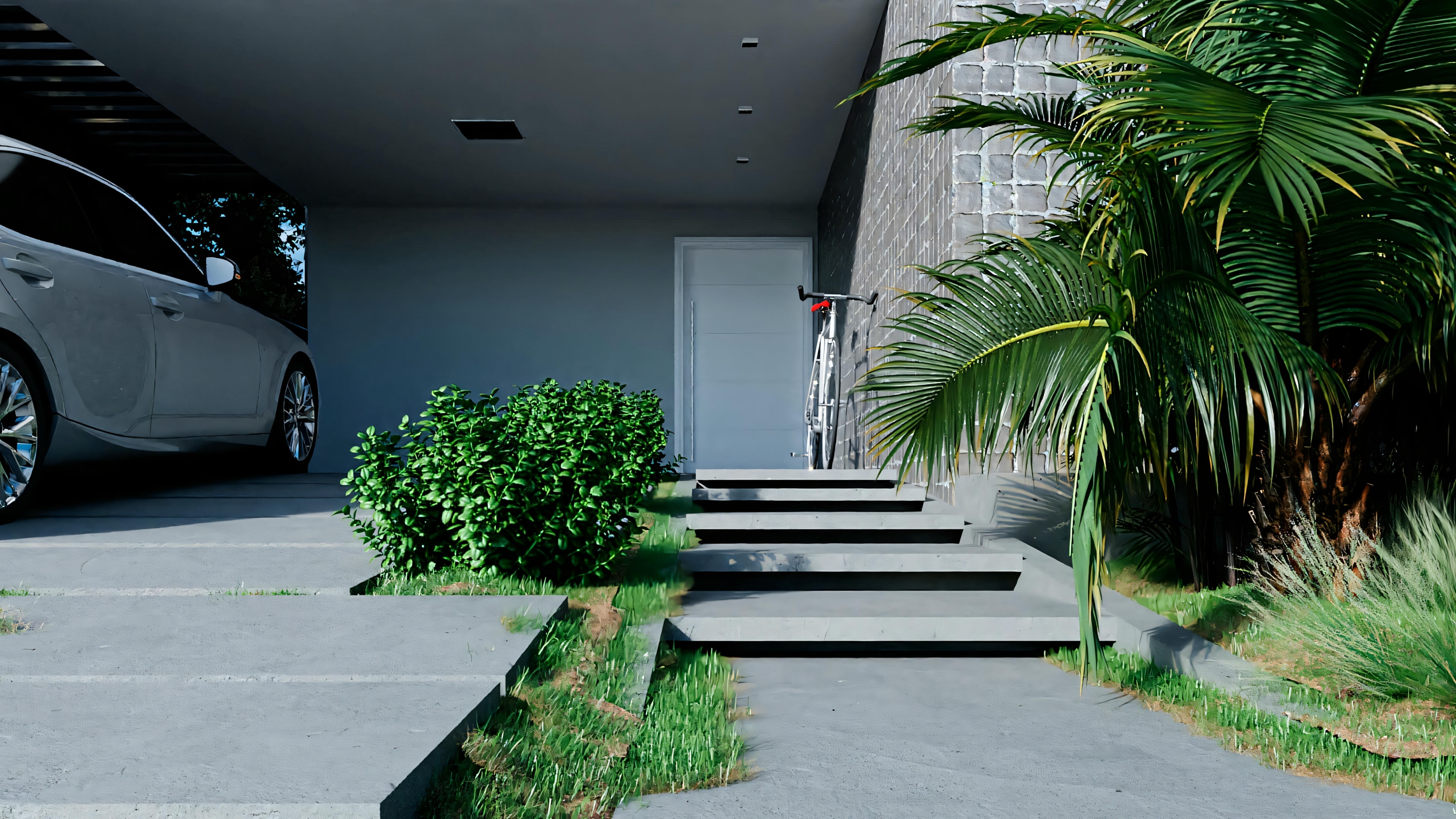 View from another angle of the house entrance, highlighting the steps leading to the front door and more vegetation.