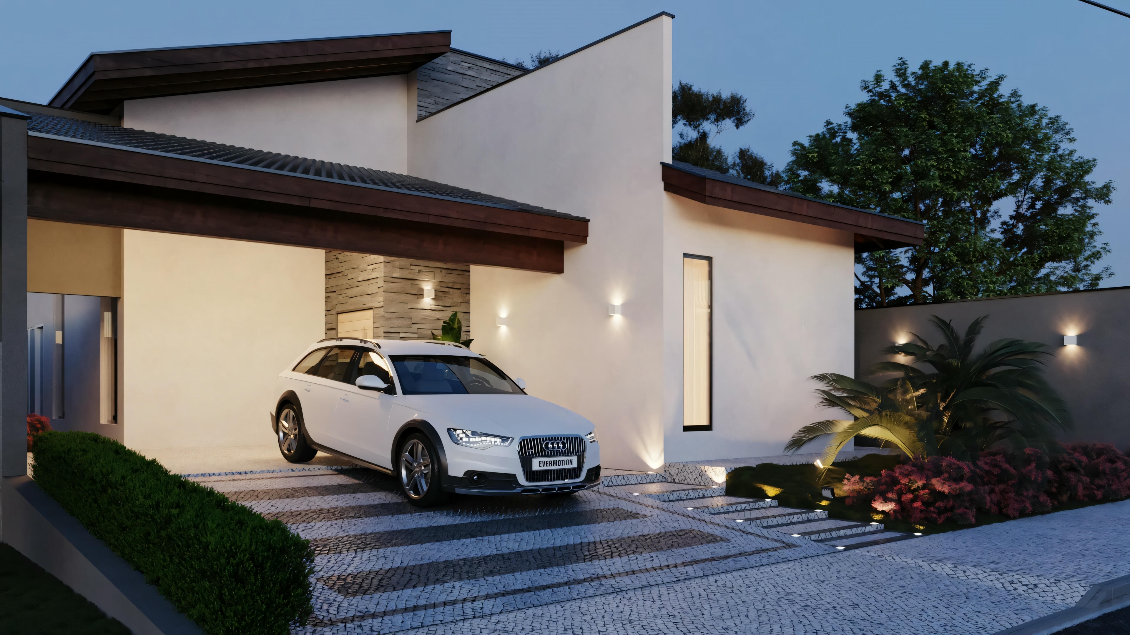 Facade of a modern ranch house with exposed roof and night lighting, 183sqm project with 3 bedrooms, double garage and wood and stone details.