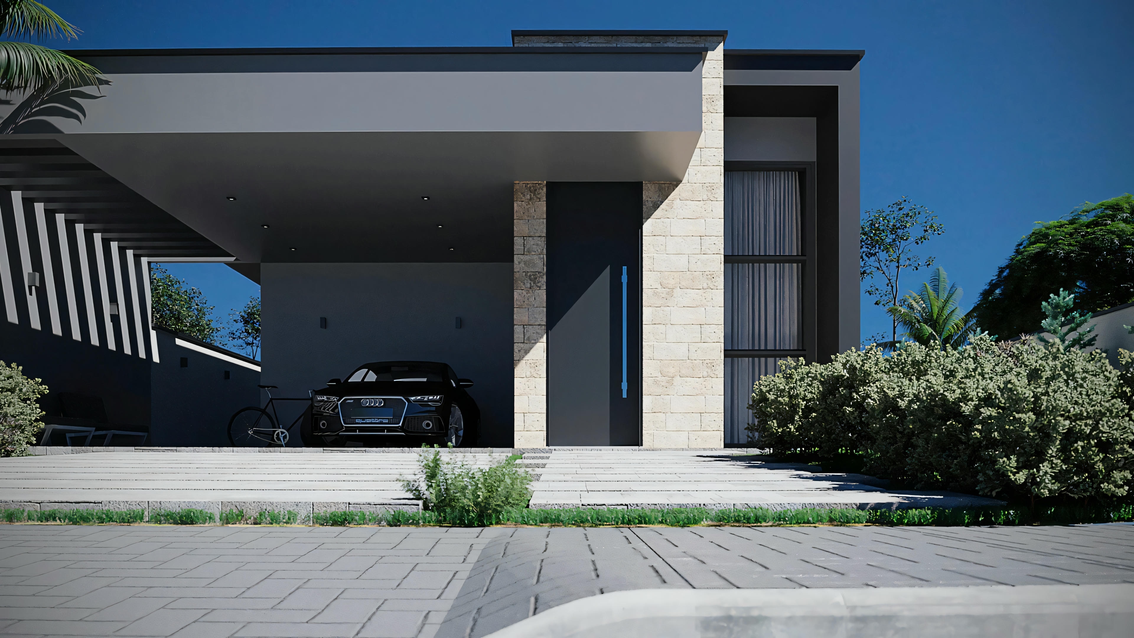 Front view of a modern house with large windows and a flat roof.