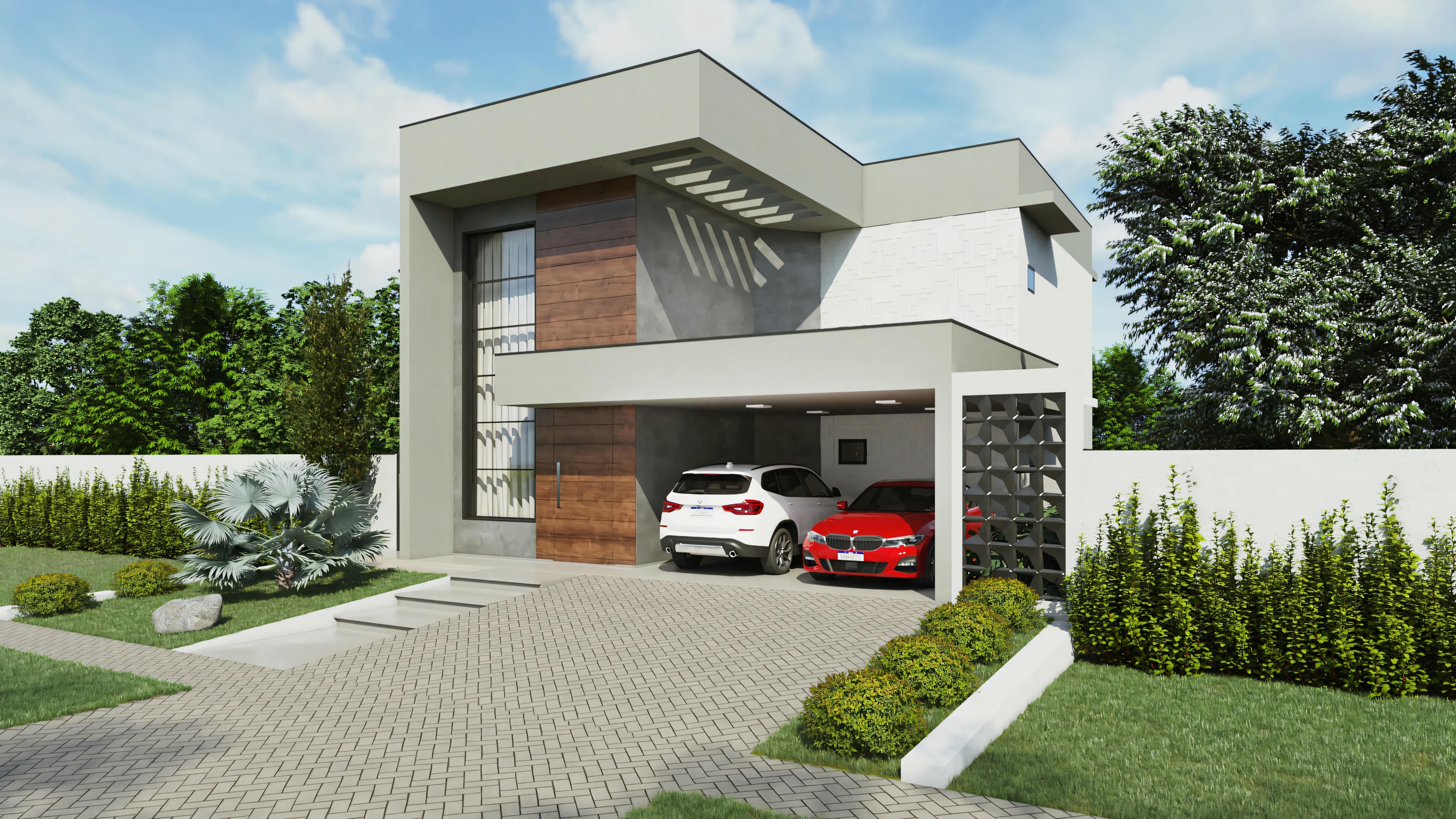 Facade of a modern house with a garage containing a red car and a driveway area surrounded by greenery.