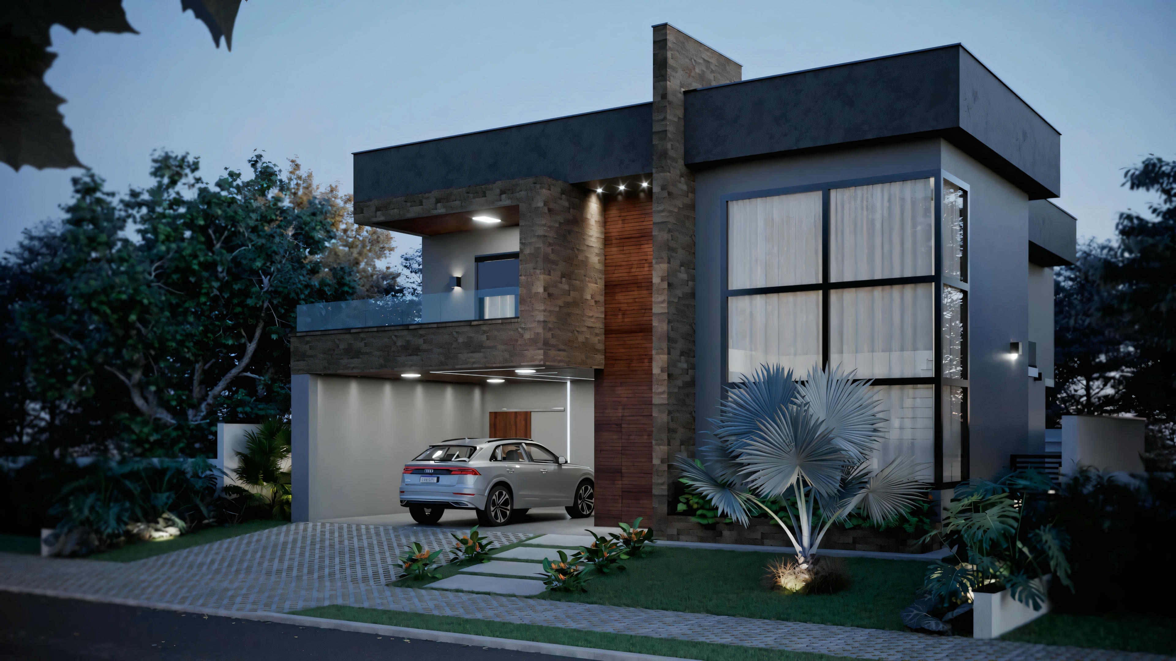 A modern house with a flat roof, glass facade, and wooden details, surrounded by a well-kept garden.