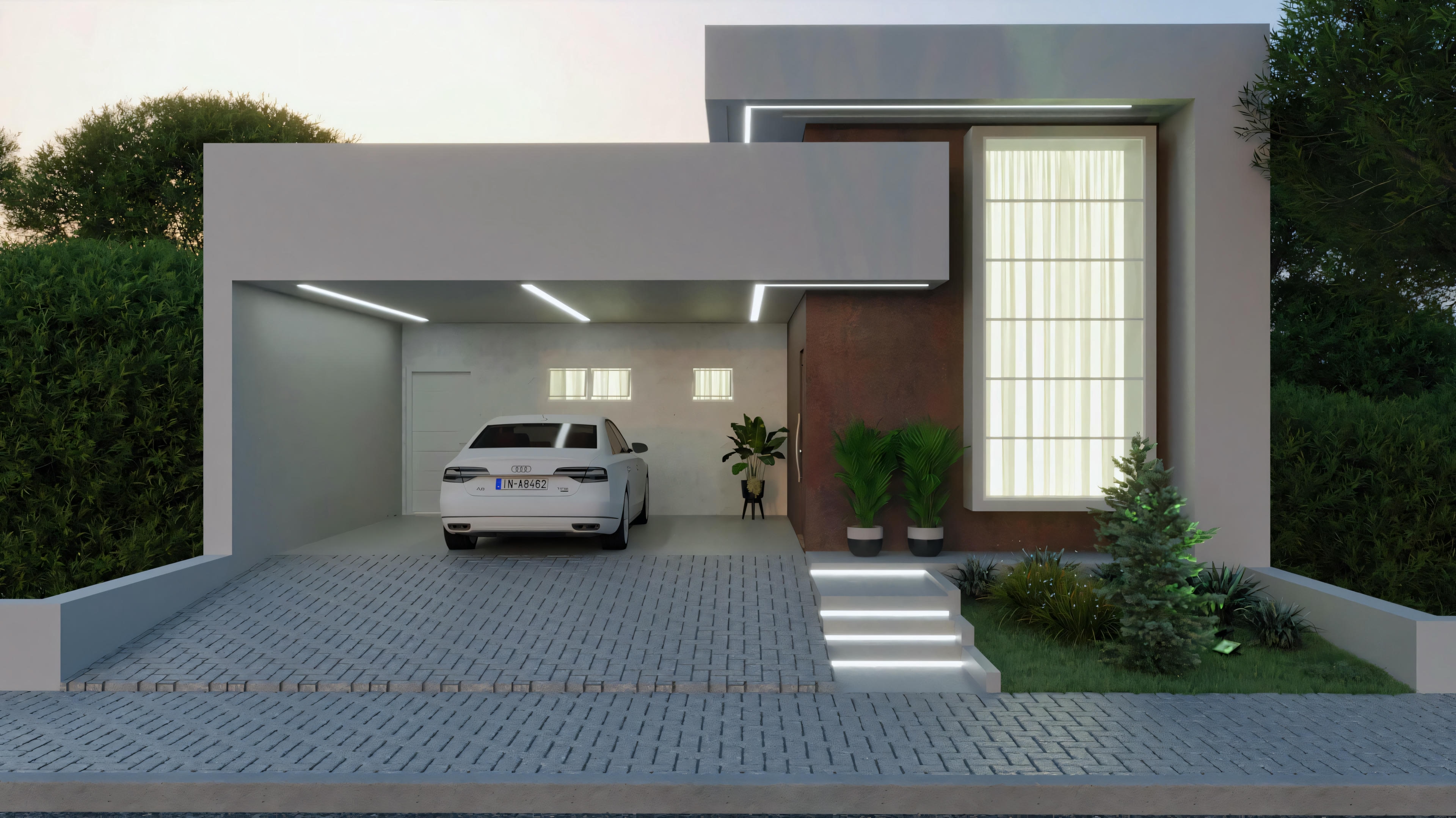 Exterior of a modern house with a flat roof and wood paneling on the facade.