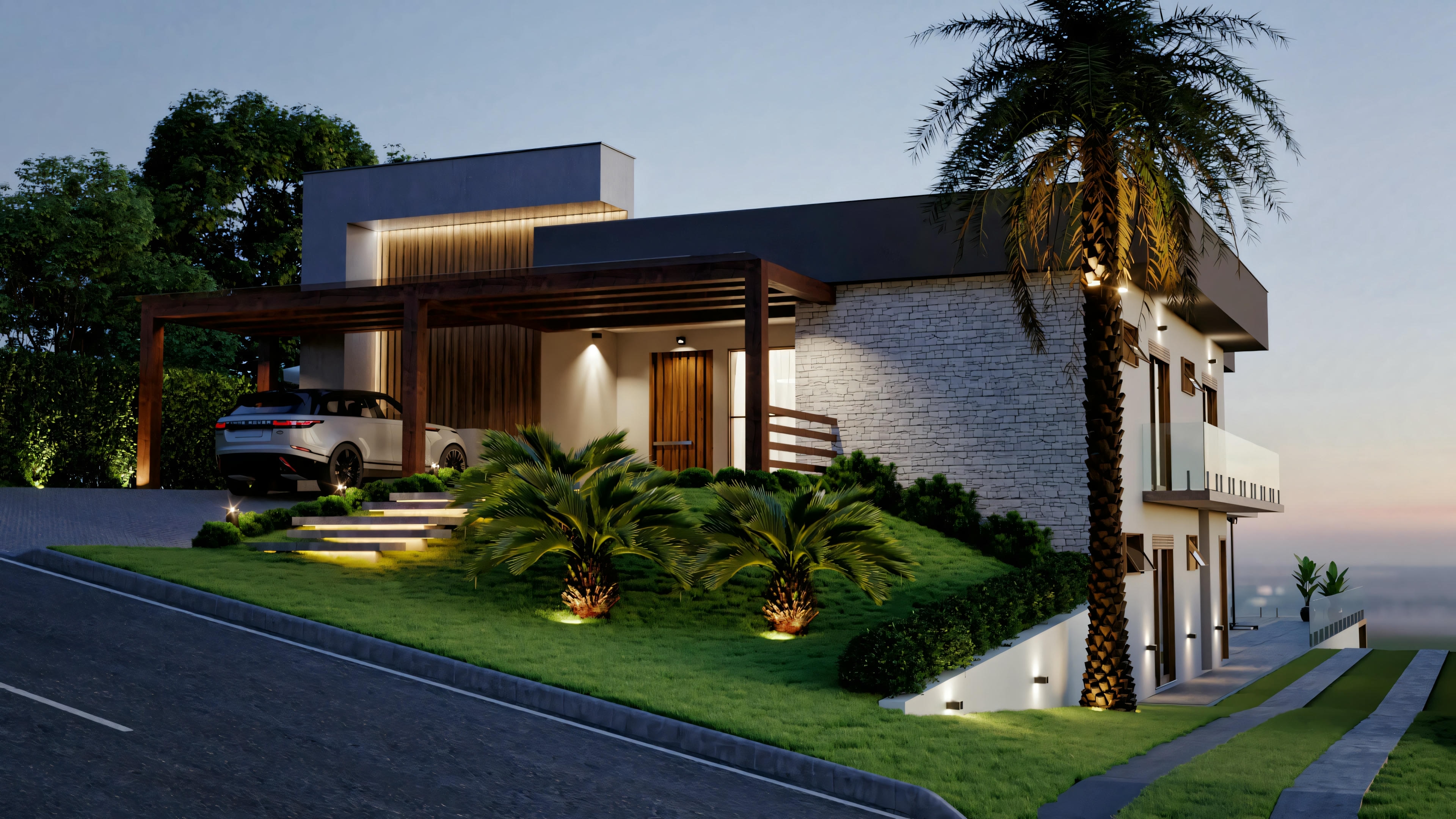 Modern two-story house facade on a slope.