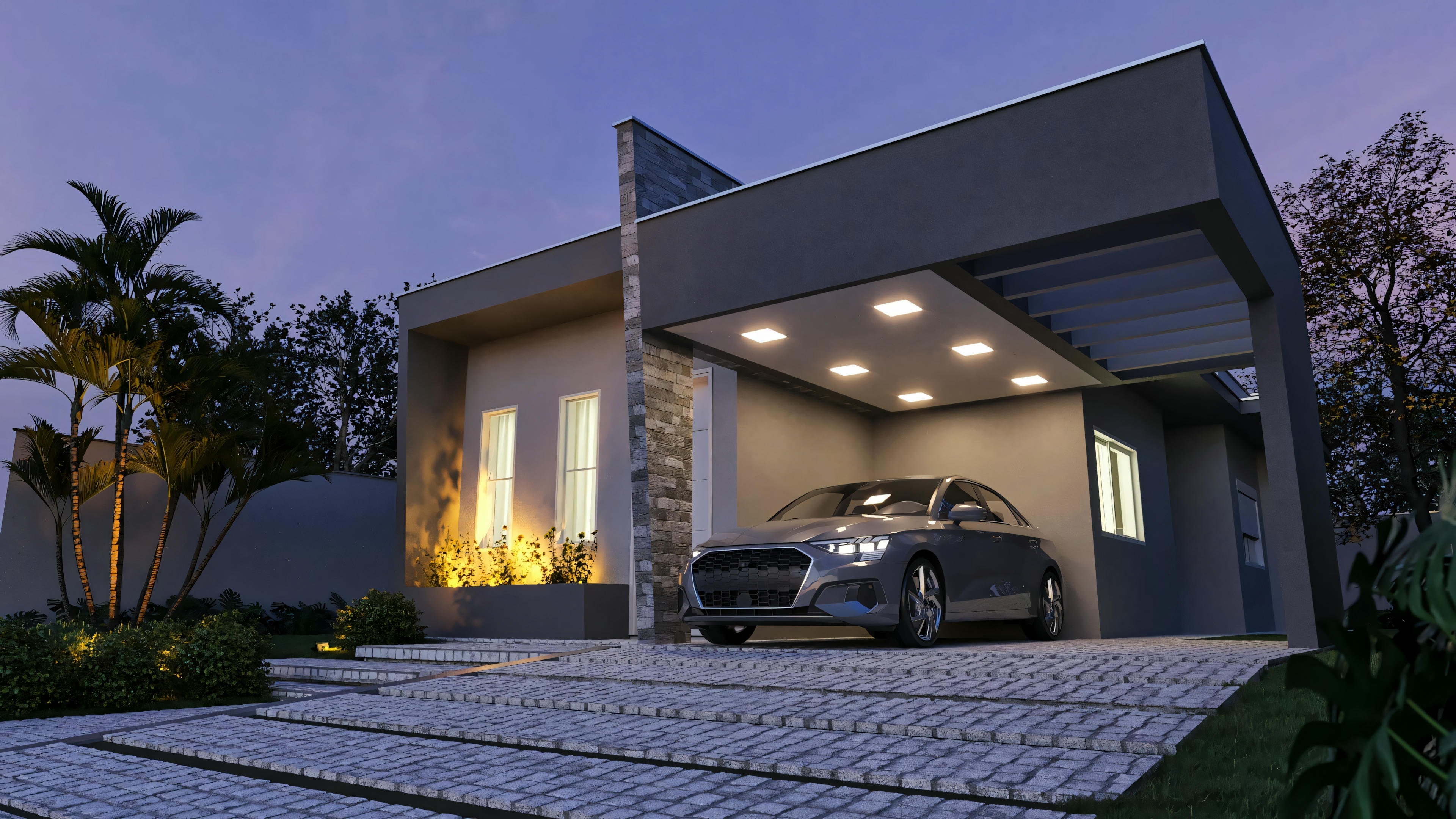 A modern single-story house with visible internal and external lighting, a car parked in the driveway, and vegetation surrounding the entrance.