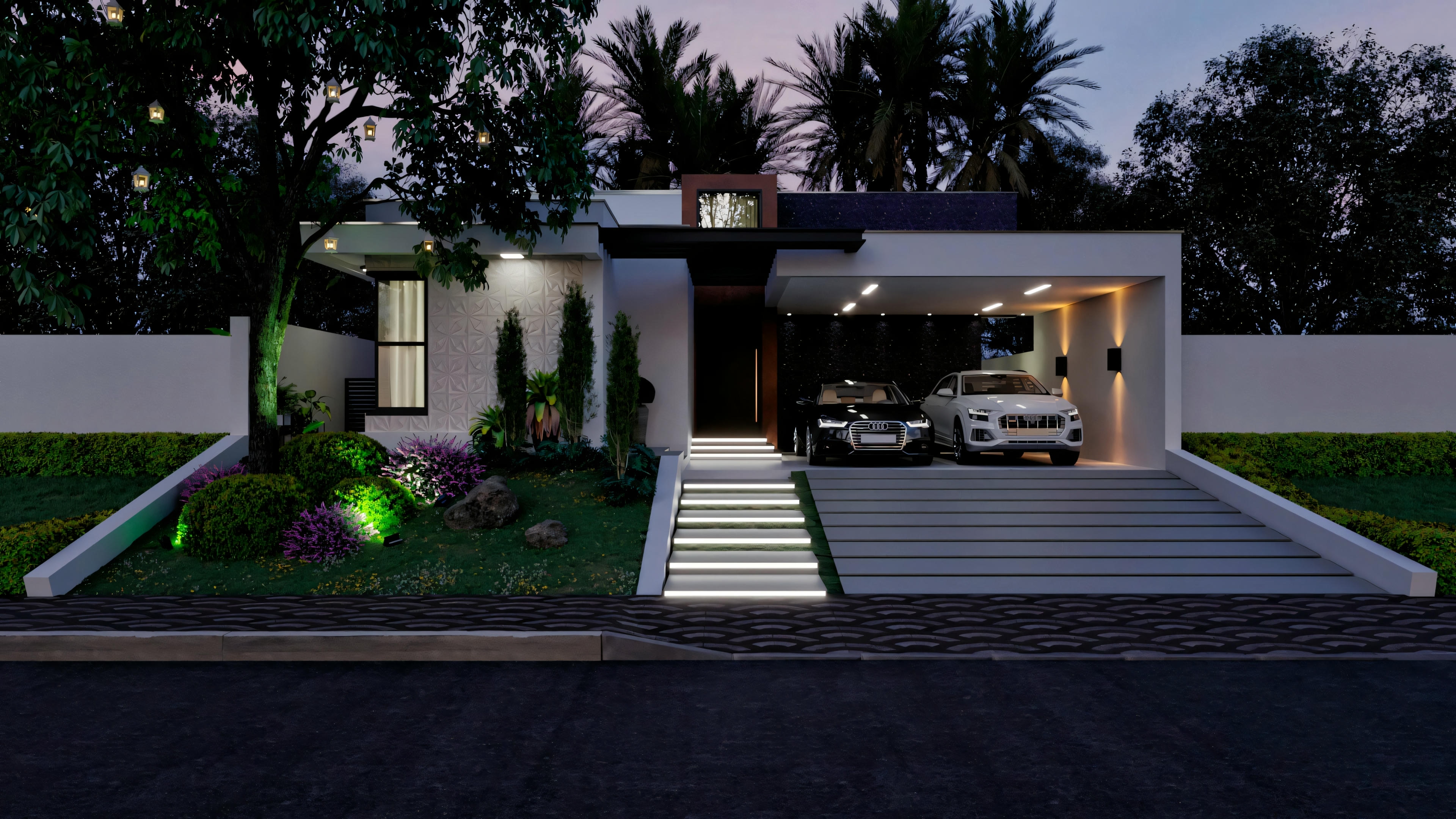 A modern house at dusk with interior lights on, highlighting an open garage with a car and landscaping with palm trees and bushes.