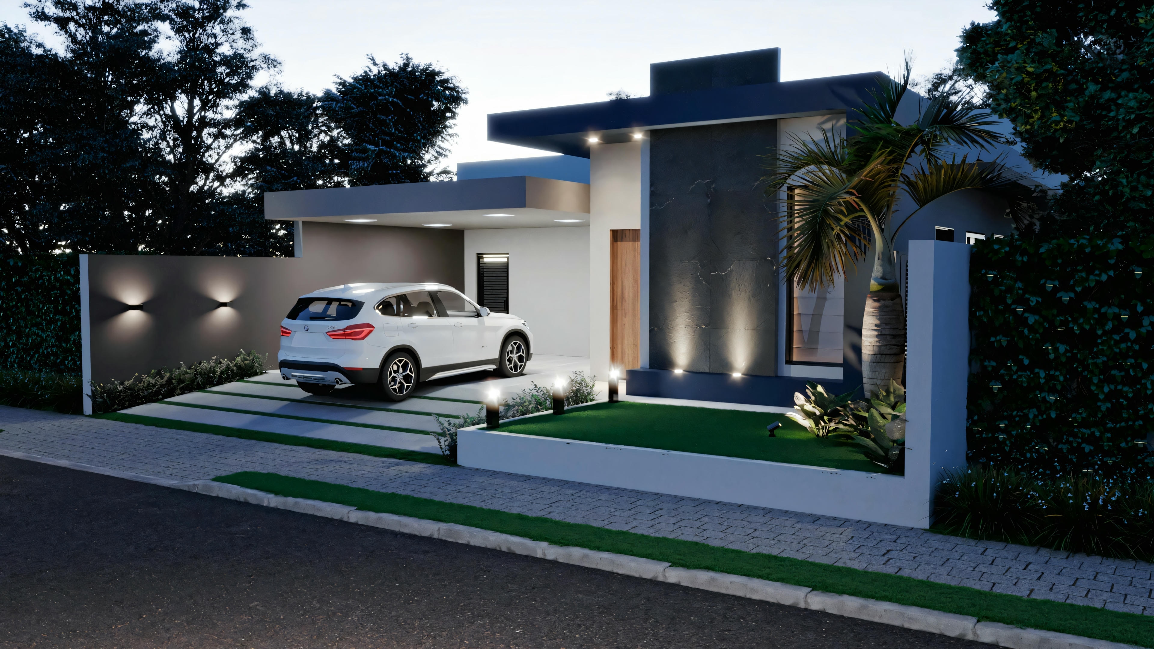 Modern one-story house at dusk, with internal lights on, SUV parked in the driveway, and two small bushes next to the entrance path.