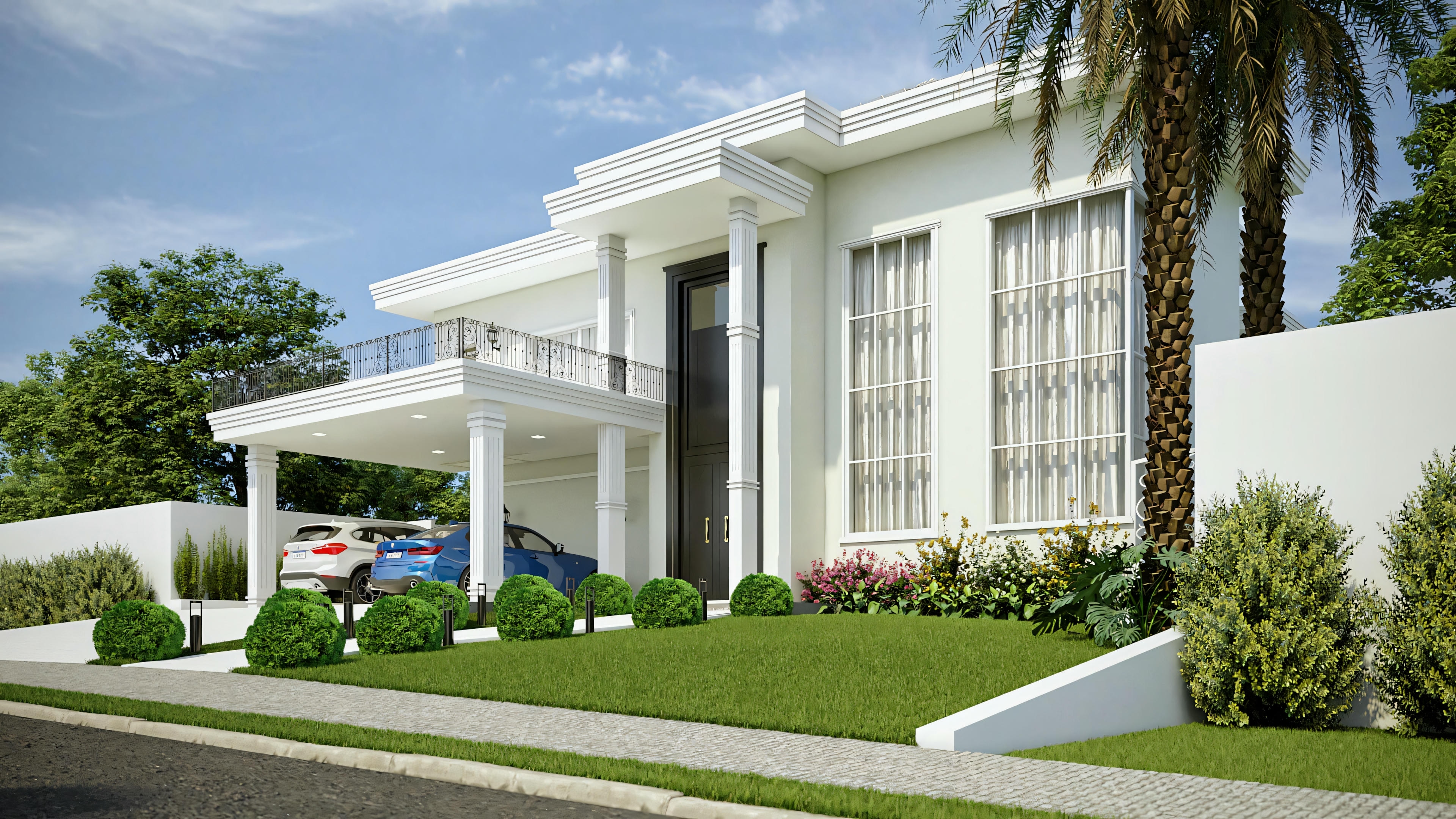 Facade of a modern neoclassical two-story house with 4 bedrooms, white paint, columns in the garage and balcony, tall door, and large windows.