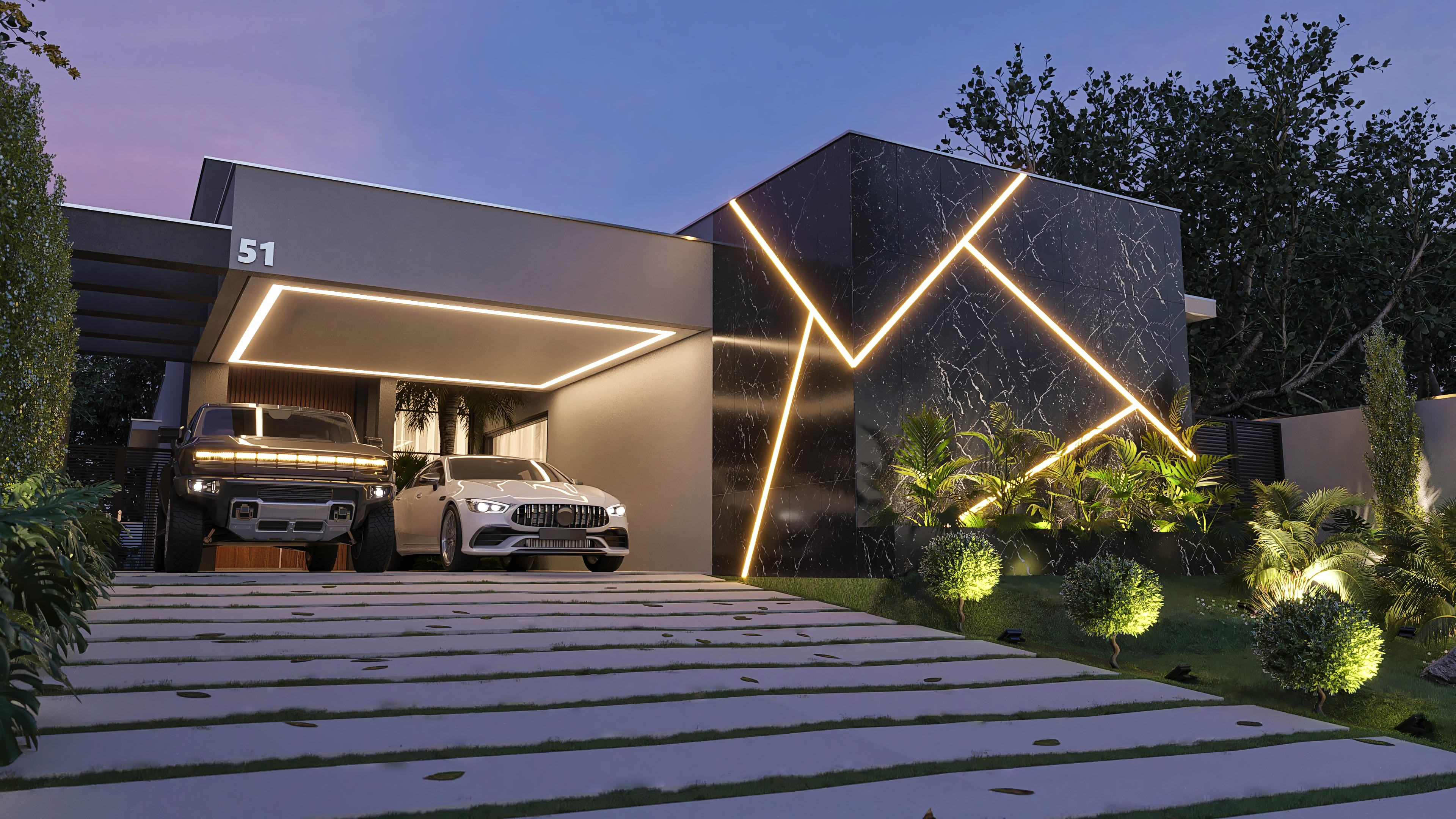Modern facade of a single-story house with contrasting volumes and dark marble cladding with LED lighting. Covered garage area with recessed lighting and lush landscaping.