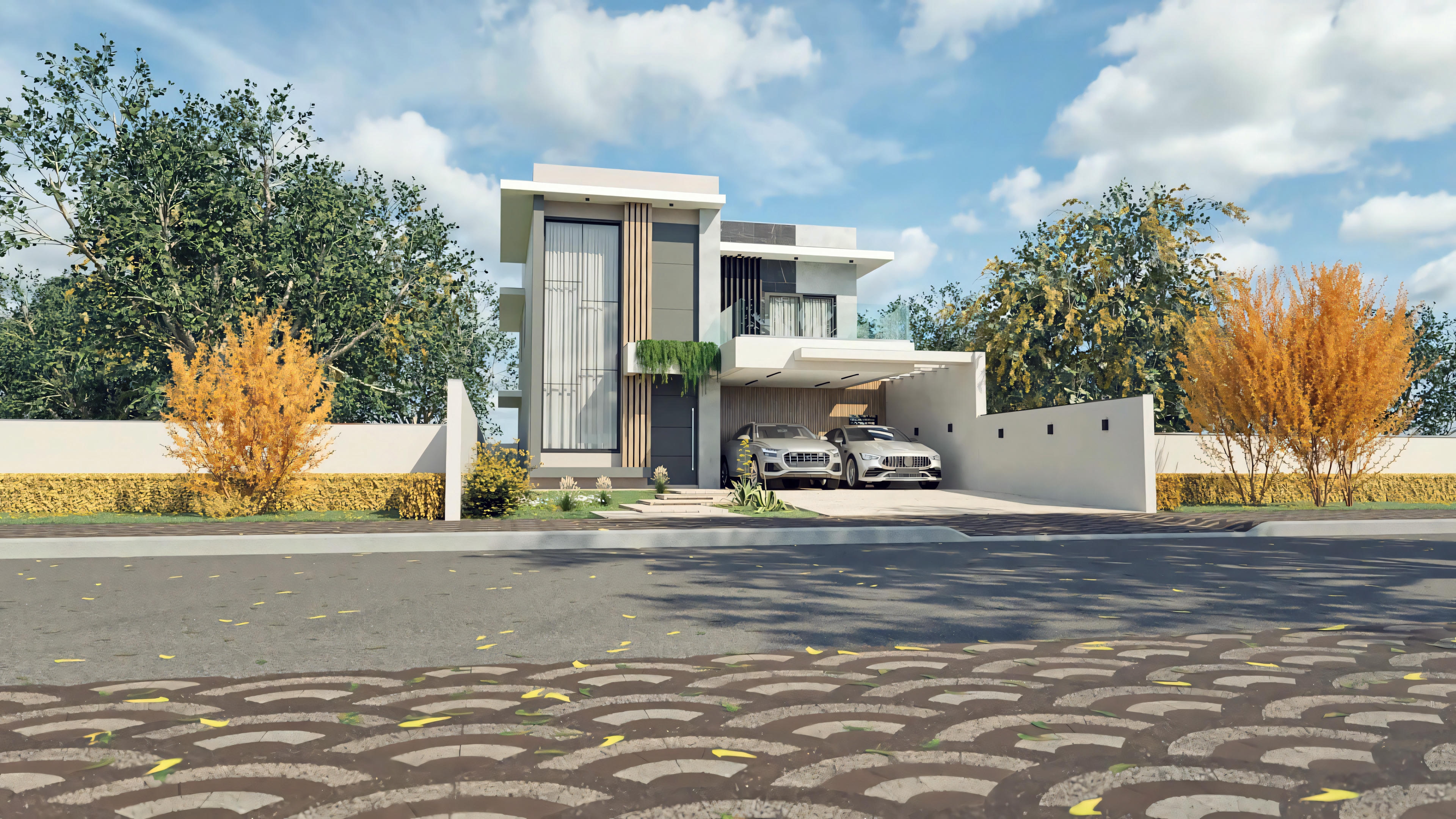 Complete facade of a modern 3-suite two-story house, street view. Project with contemporary architecture, garage for 2 cars, balcony with glass, and discreet landscaping.