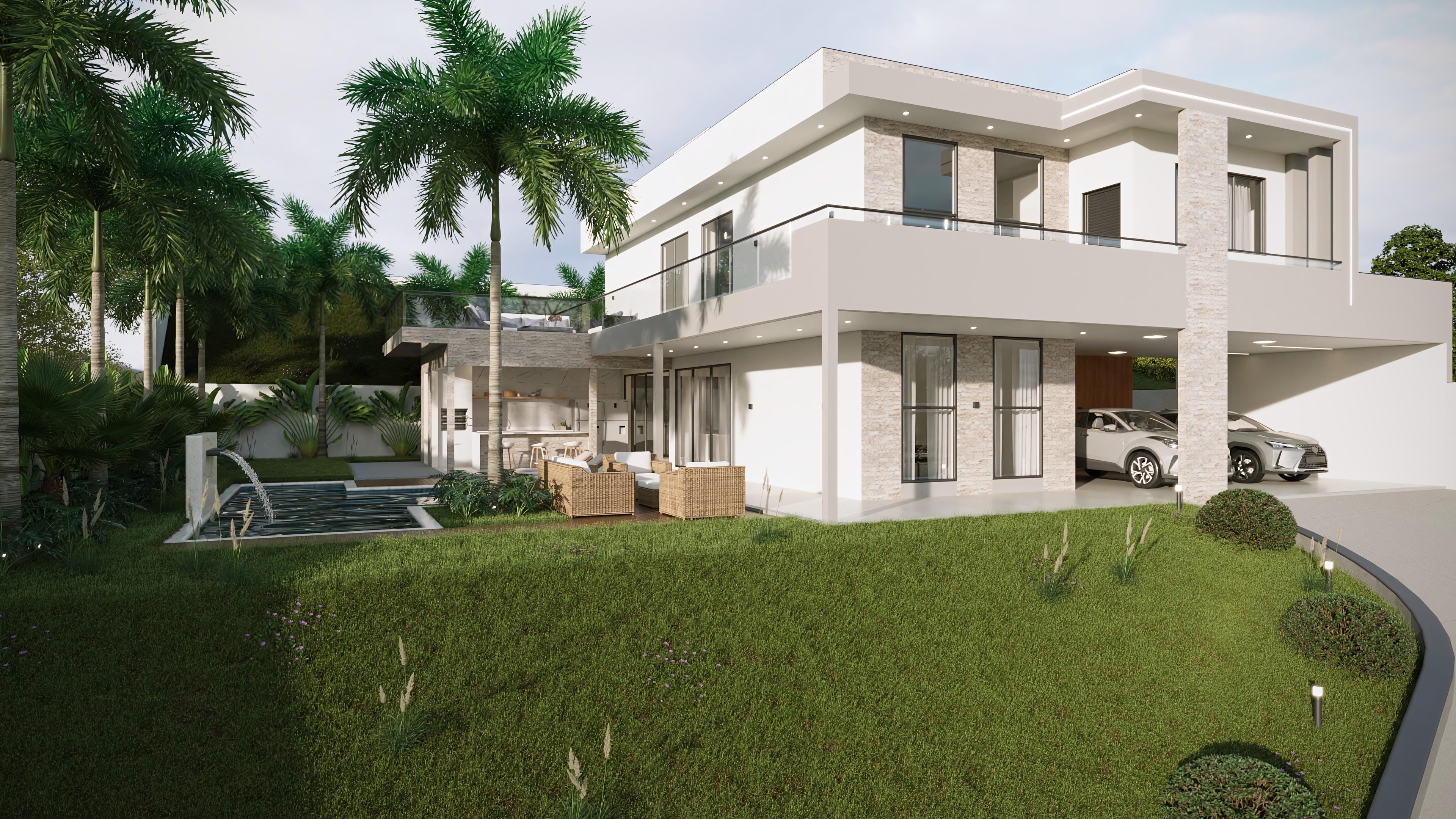 Modern facade of a two-story house with 4 suites, highlighting white volumes, stone details, large windows, and a balcony with a glass railing.