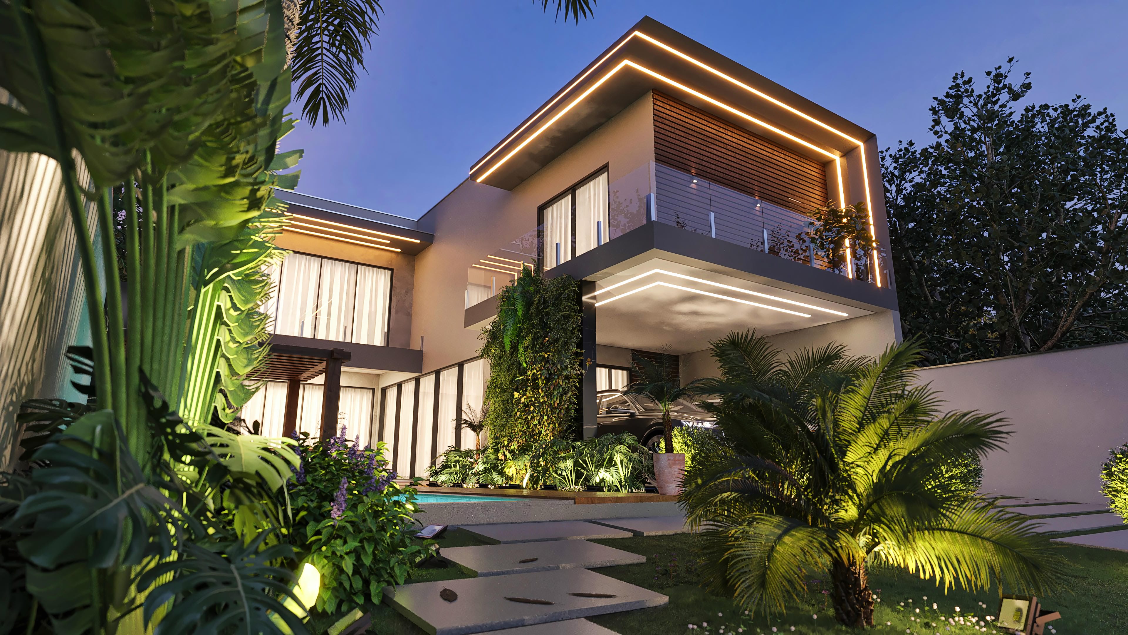 Modern facade of a two-story house with 4 suites, slatted wood details, recessed LED lighting, pool, gourmet area, and lush landscaping.