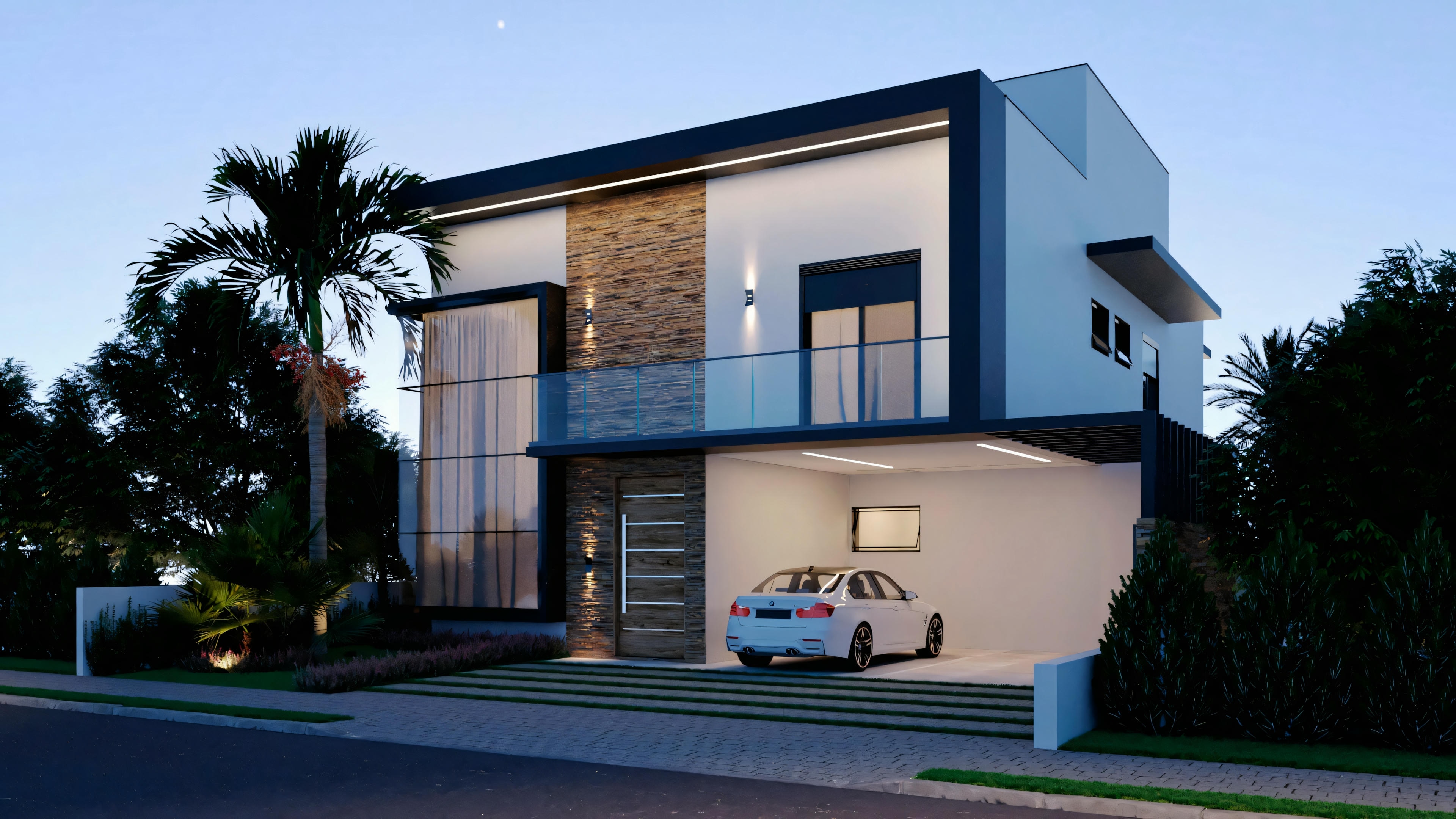 Modern two-story house in blue and gray tones, featuring balcony areas and large windows.