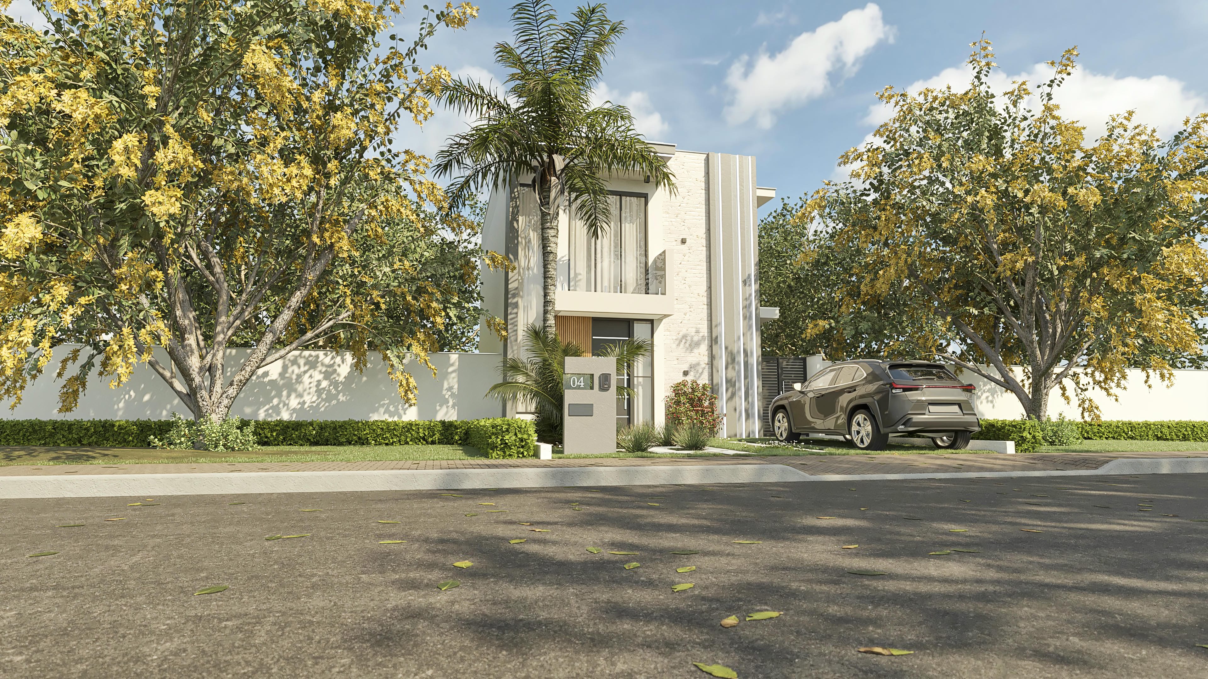 Modern facade of a two-story house with 3 bedrooms, 1 suite, pool, and gourmet area, ideal for compact plots.