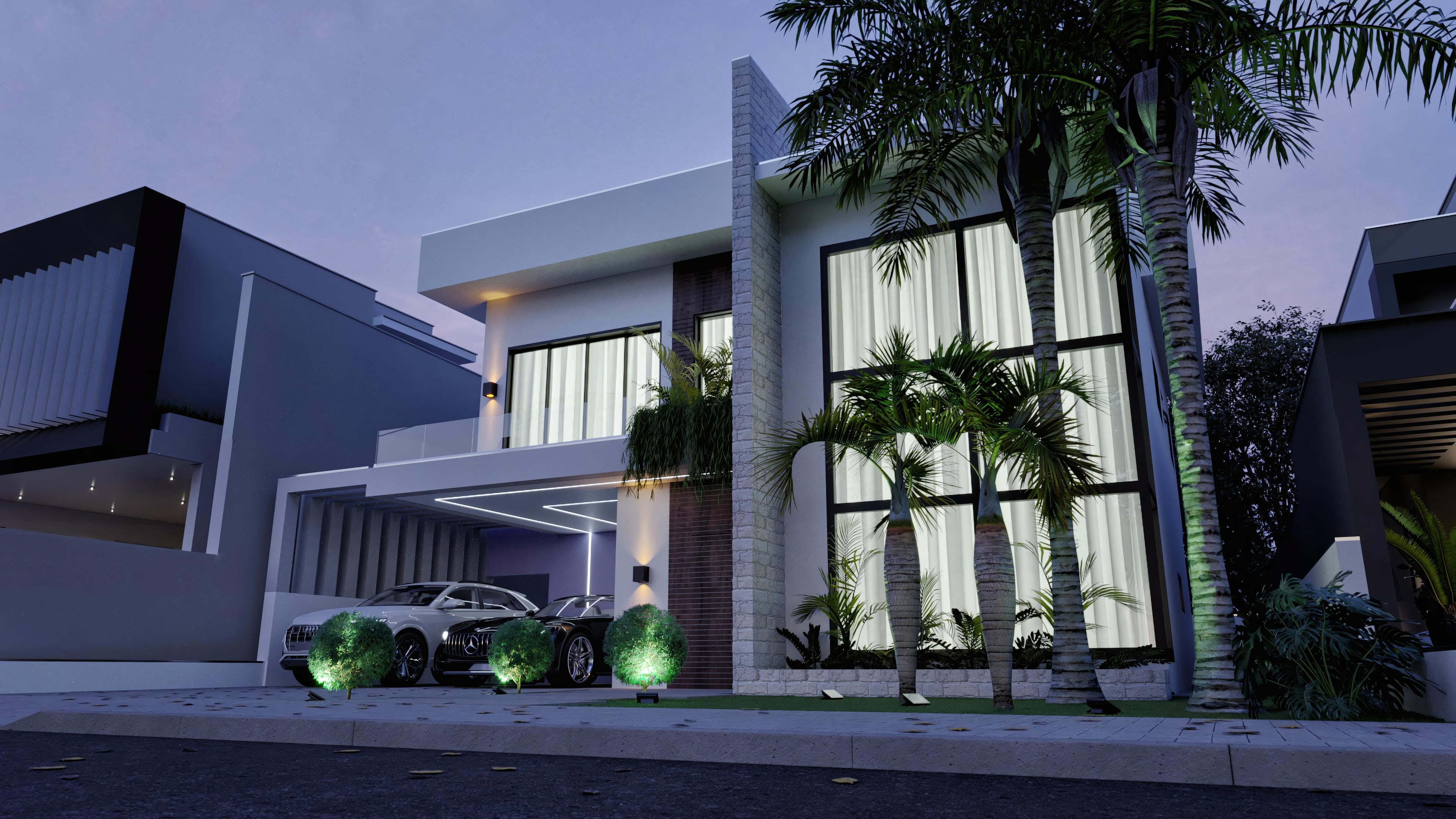 Modern two-story house facade with distinct volumes, combining shades of white with exposed stone and dark wood details. Large glass windows and subtle lighting.