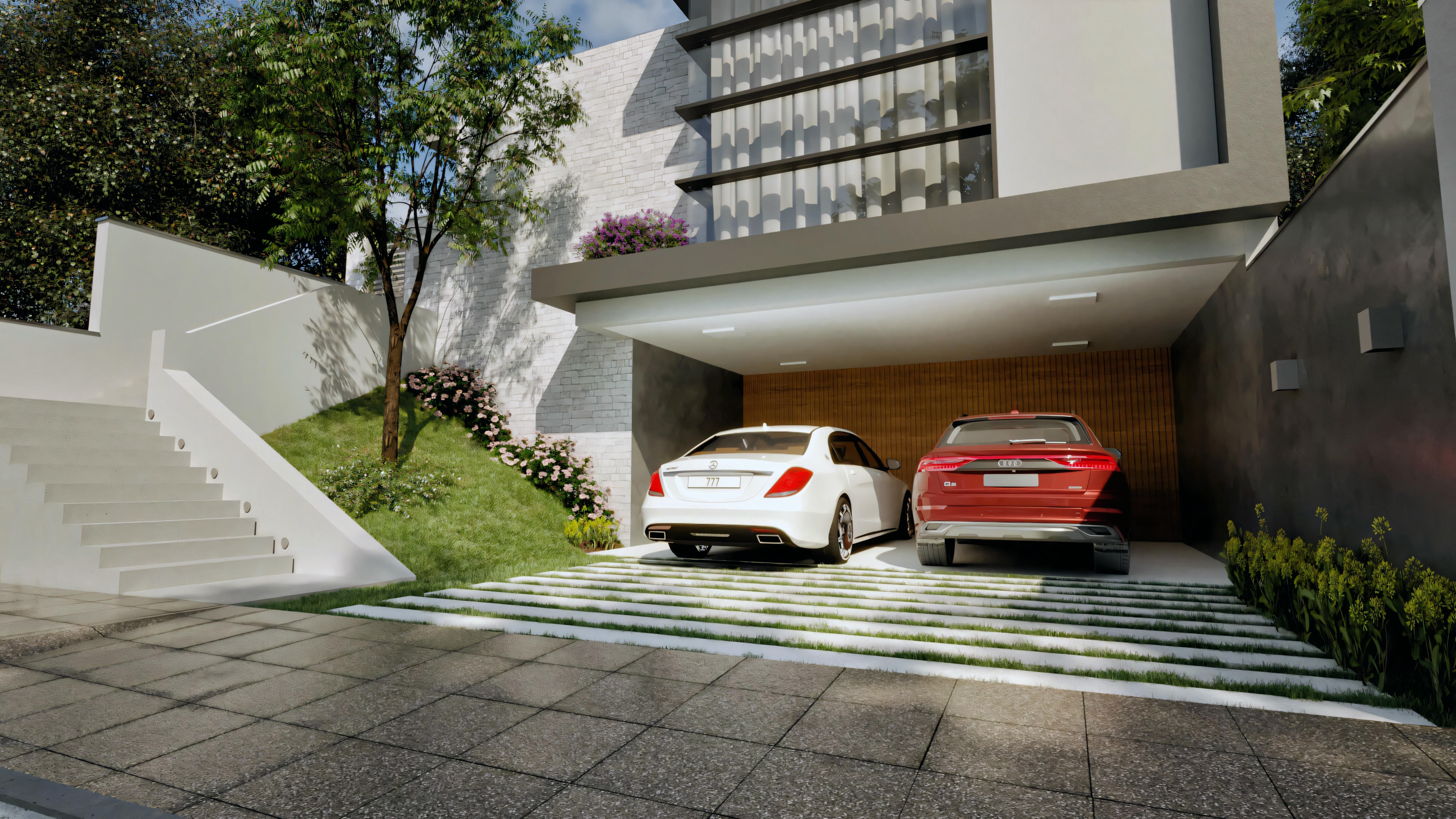 Facade of a modern two-story house with large windows and a garage.