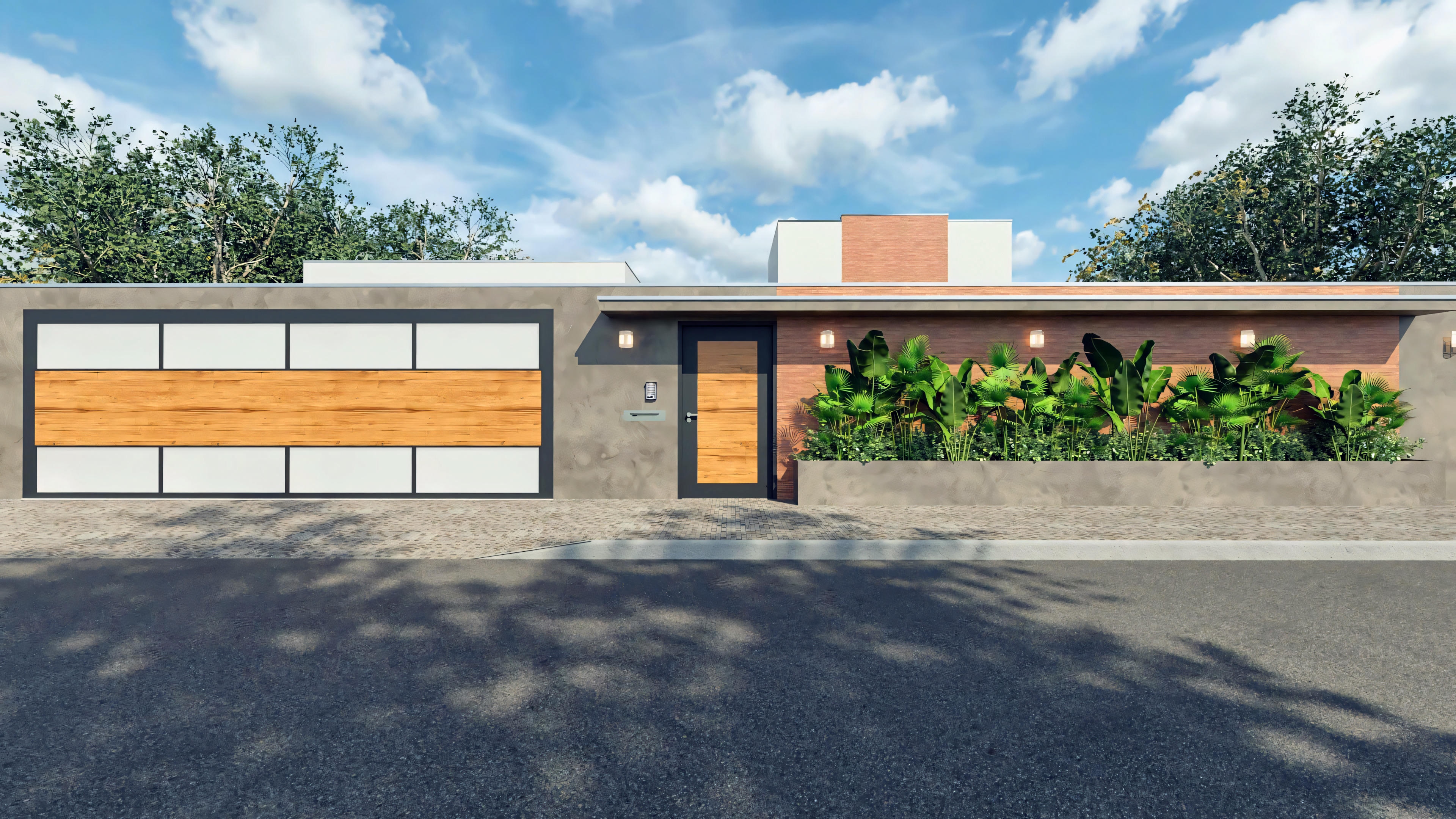 Muro e portão de entrada do projeto de casa térrea com 3 suítes em terreno 20x50; design moderno com portão de correr com detalhes em madeira, entrada de pedestres e muro com revestimento e paisagismo.