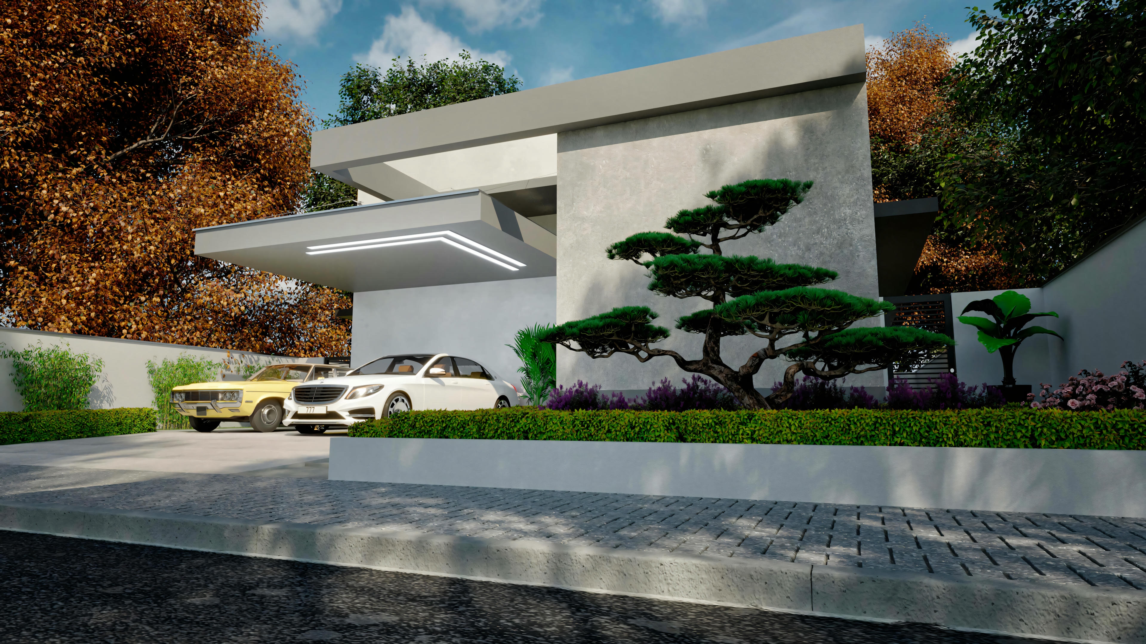 Muro y portón de entrada del proyecto de casa de planta baja con 3 suites en terreno 17x30; diseño moderno con portón corredizo con detalles en madera, entrada de peatones y muro con revestimiento y paisajismo.
