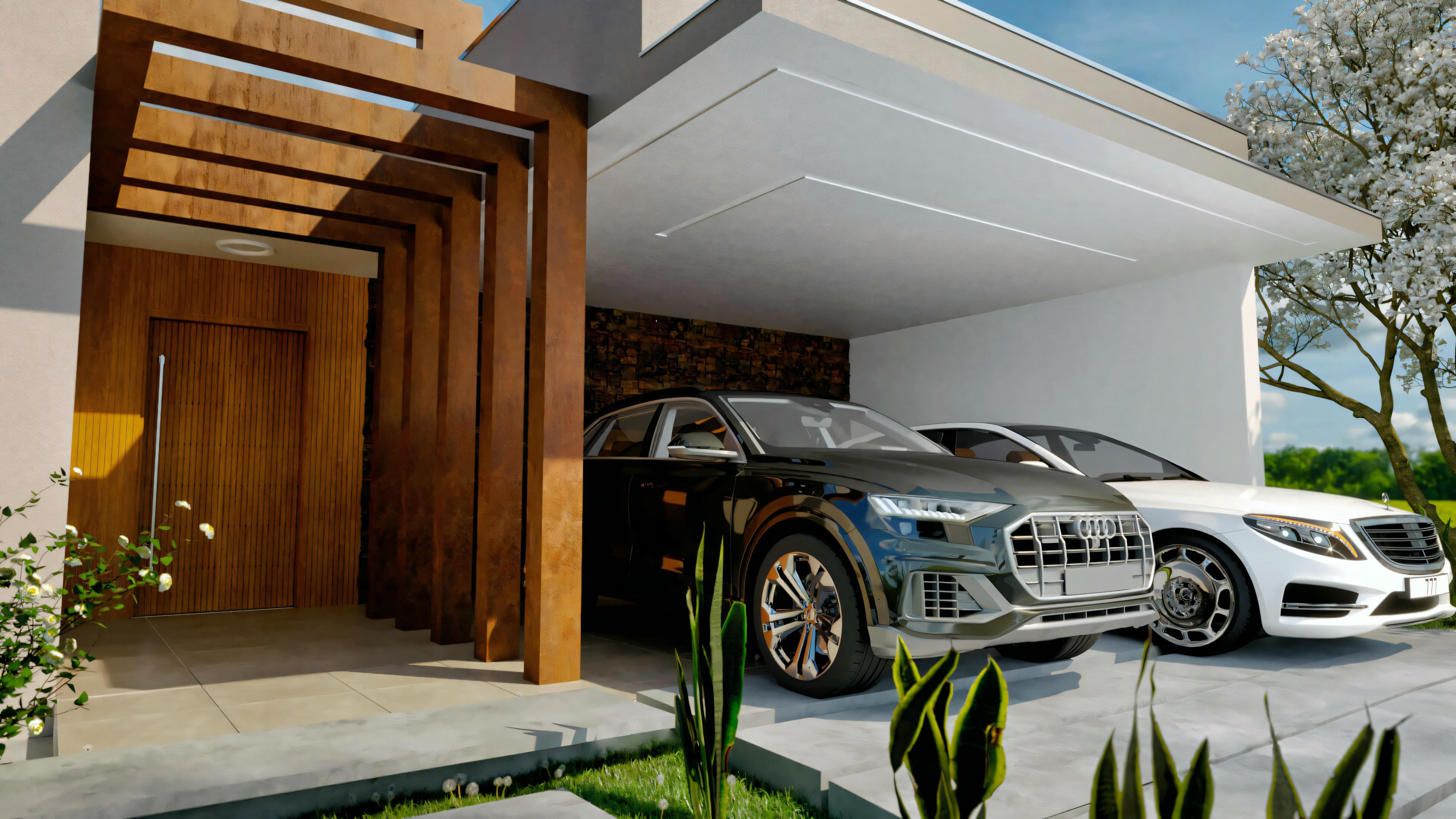 Detalhe da entrada com porta pivotante e pergolado em madeira, e garagem coberta para 2 carros em projeto pronto de casa térrea com 5 suítes (364.7m²). Vista do paisagismo e revestimentos modernos.
