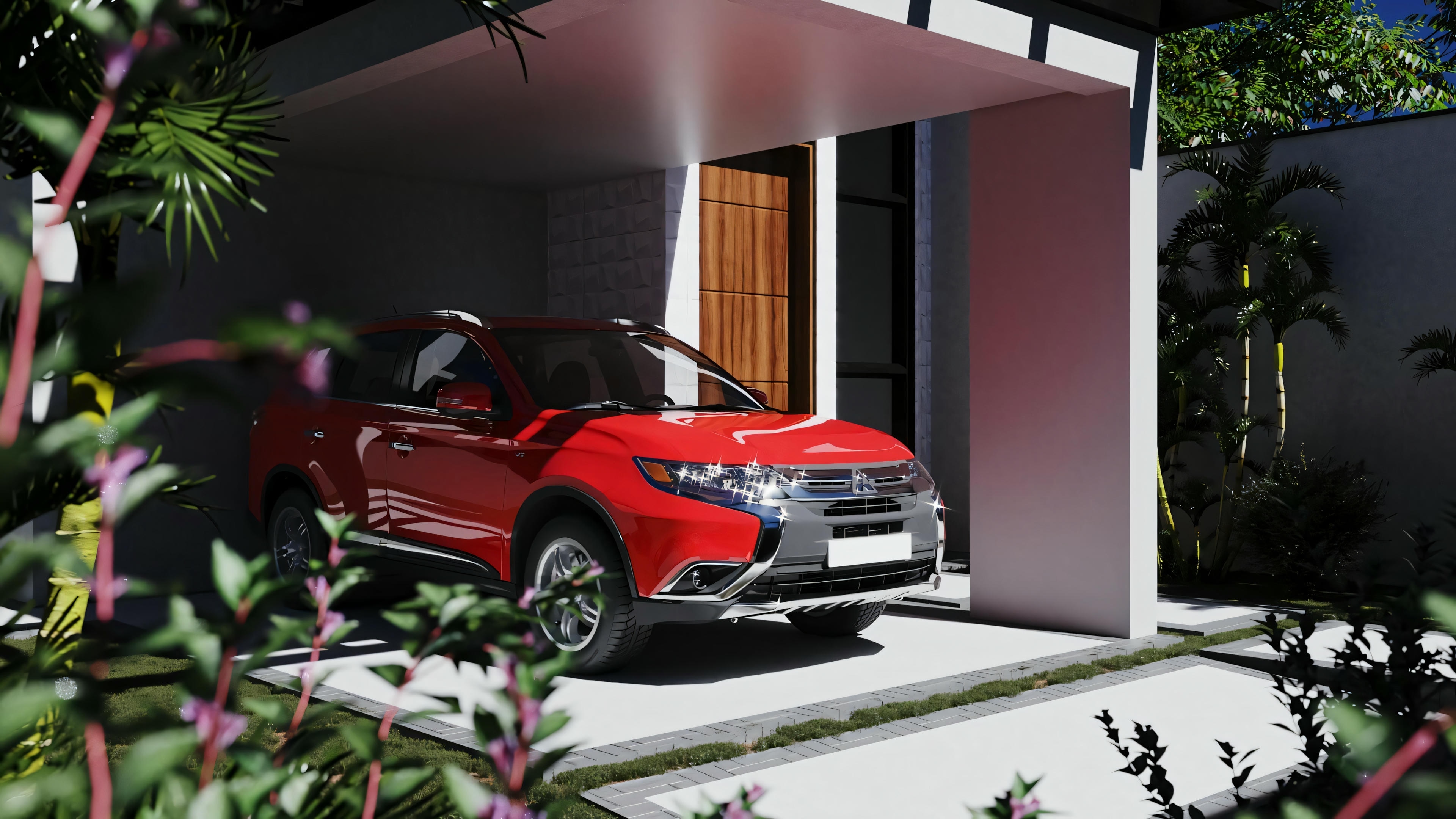 Front view of a red car partially obscured by plants, with the house entrance and roof visible in the background.