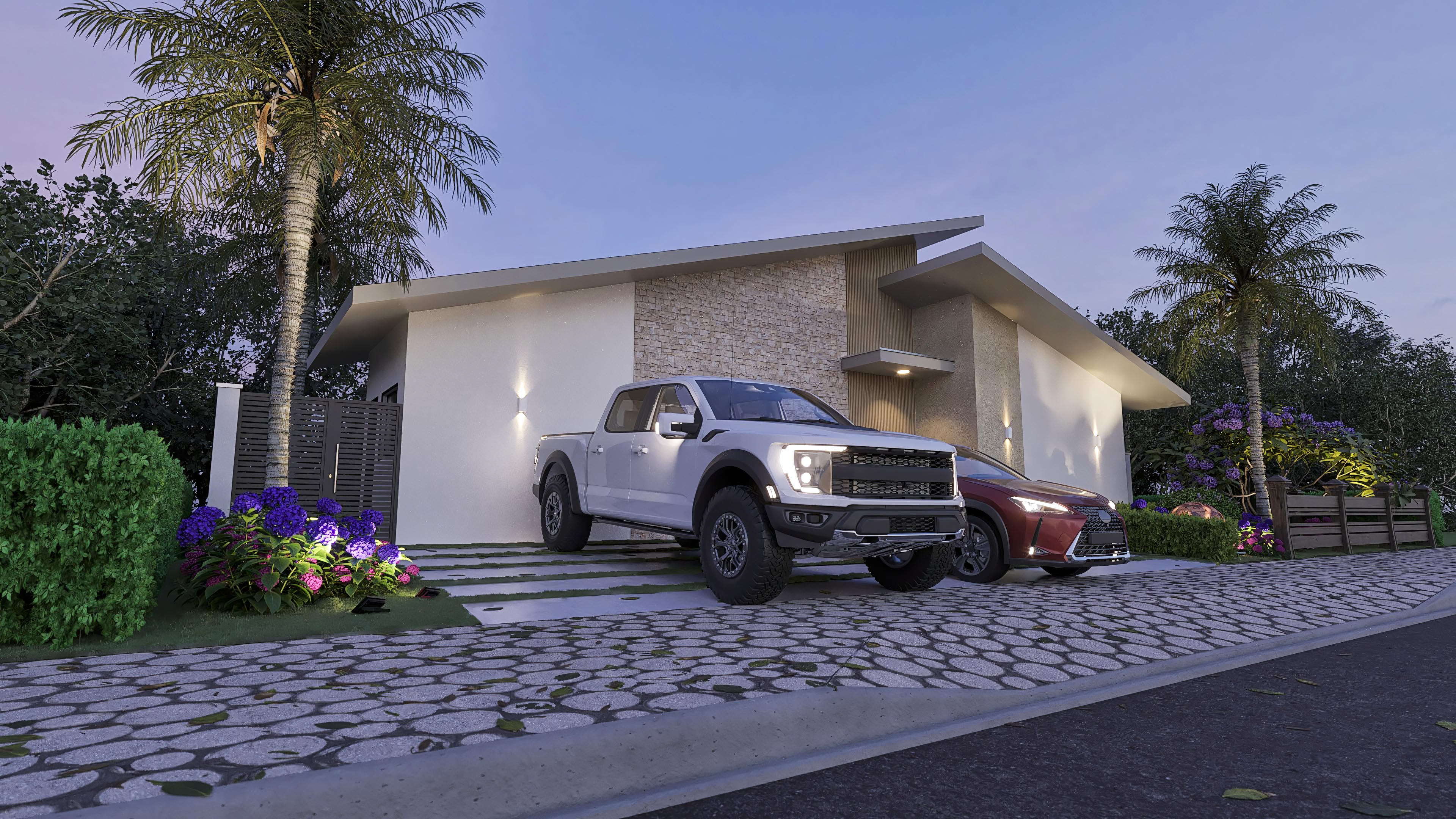 Modern facade of a single-story house with a sloped slab, stone cladding, and large windows. Outdoor area with lush landscaping and accent lighting.