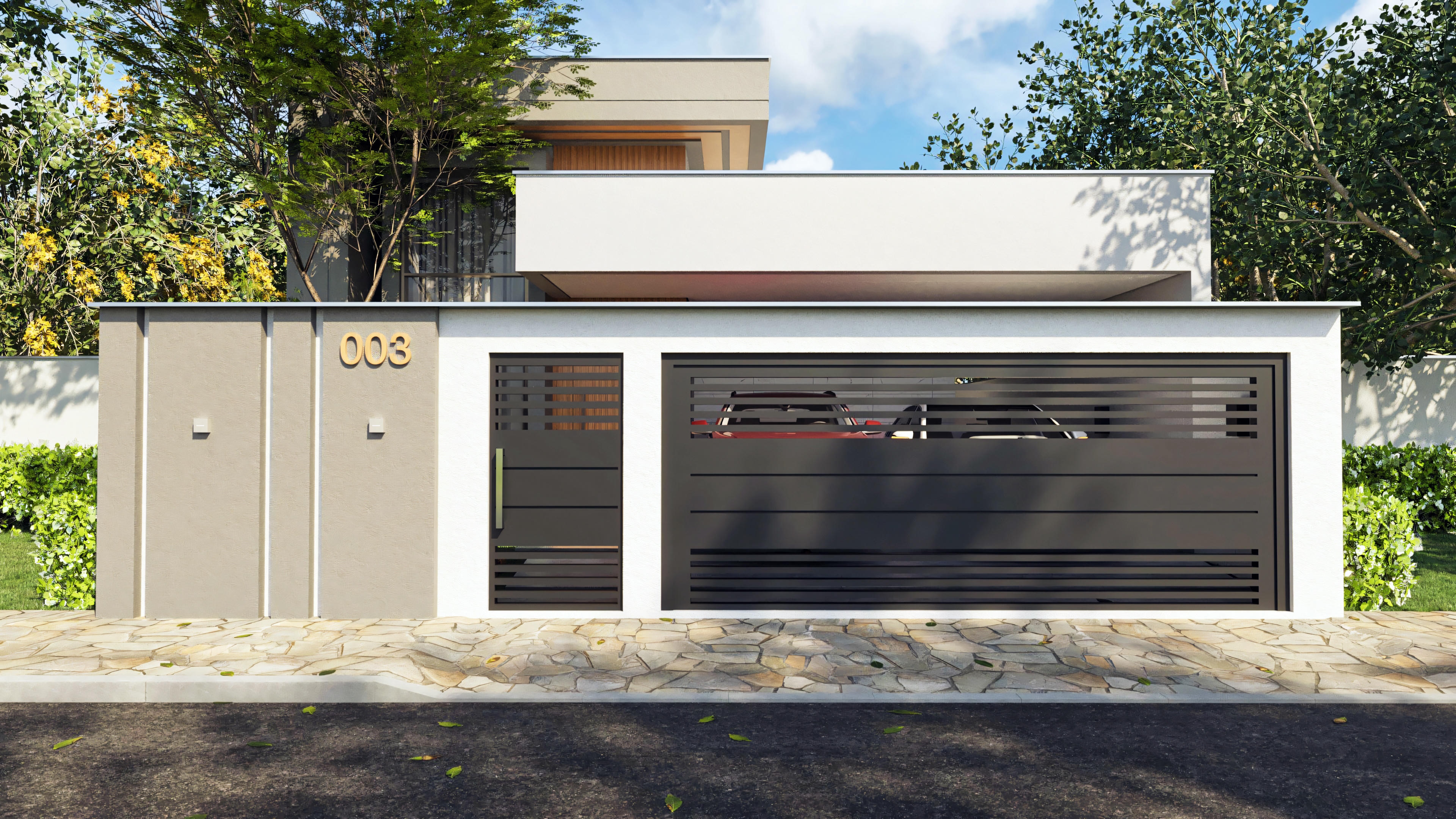 Single-story house with wall.