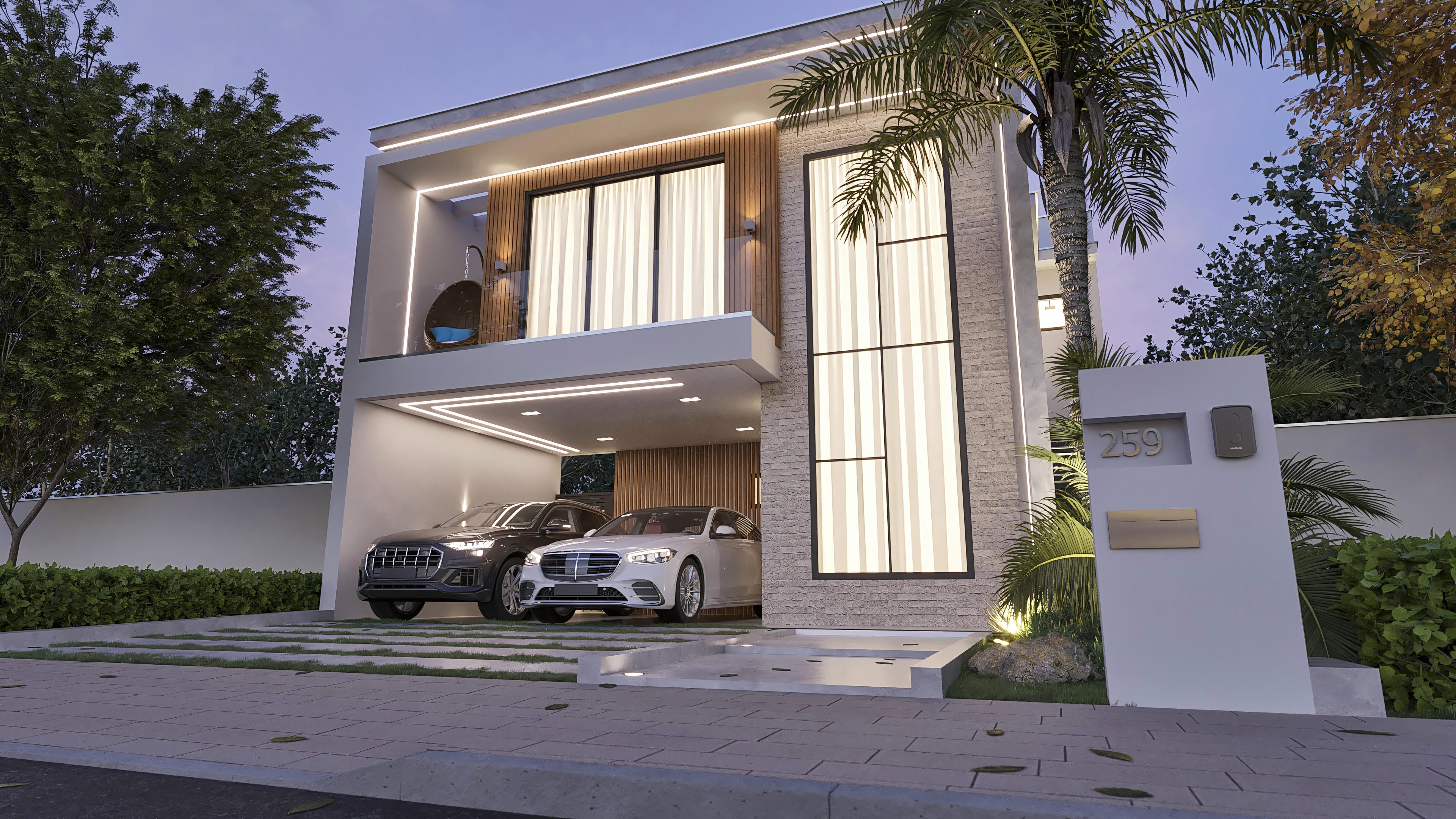 Fachada de sobrado moderno com 3 quartos, suíte, área gourmet com piscina, garagem ampla e iluminação em LED.