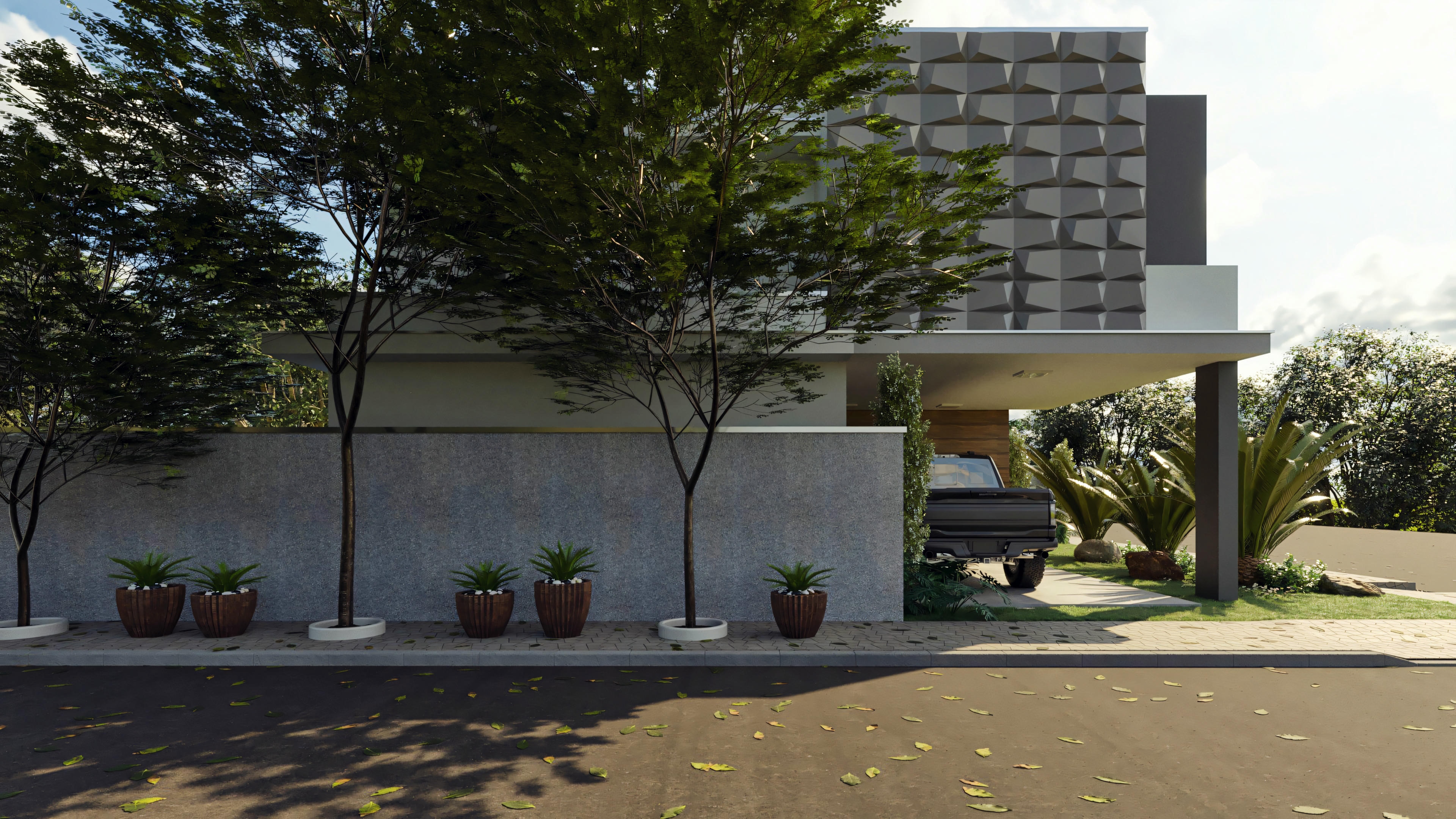 Fachada lateral de sobrado moderno em terreno 13x18, destacando o revestimento superior texturizado e a entrada para a garagem dupla. Planta de sobrado com 210.57m², 4 quartos e 3 suítes.