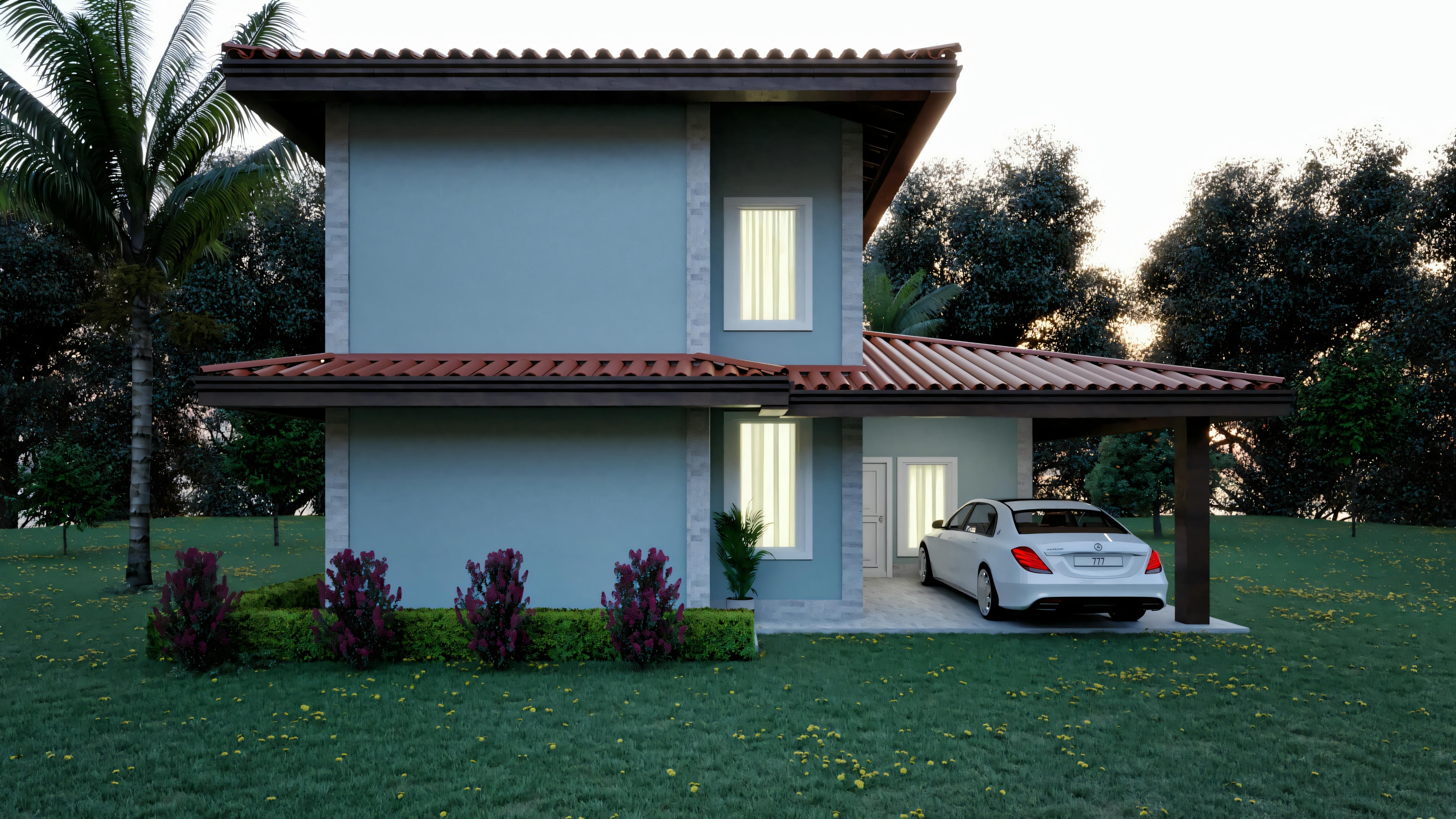 Facade of a two-story house with white exterior, blue roof, and surrounding greenery; a white car is parked in front.