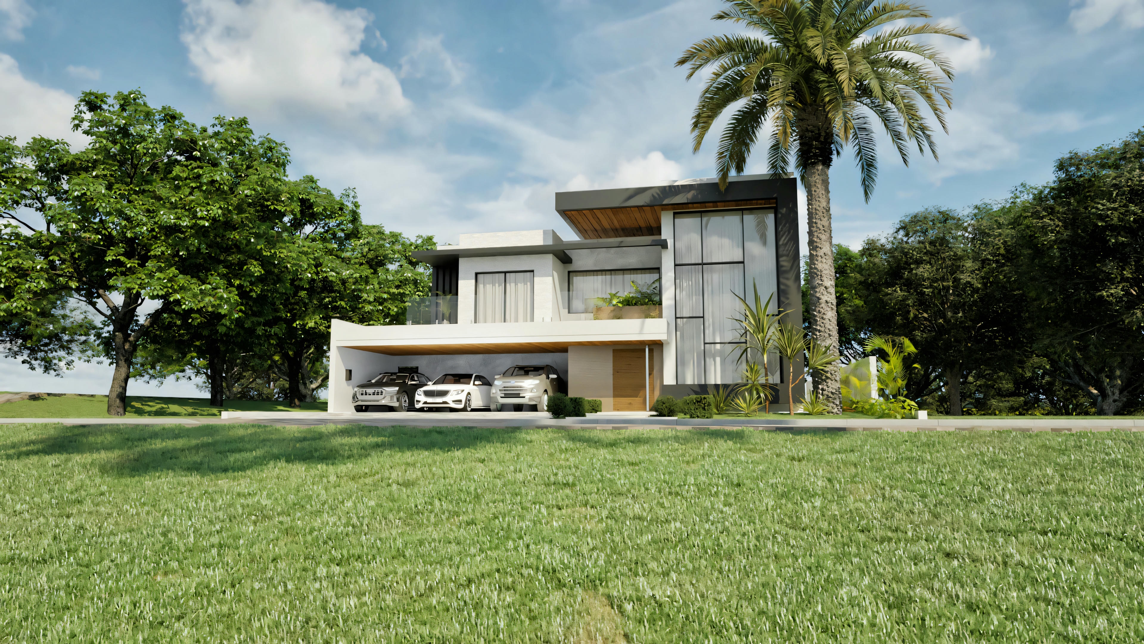 Vista frontal amplia del proyecto de casa moderna e imponente, mostrando la fachada con garaje para 3 autos, paisajismo con palmera y césped. Proyecto de mansión con 555.9m² y 4 suites en terreno 20x35.