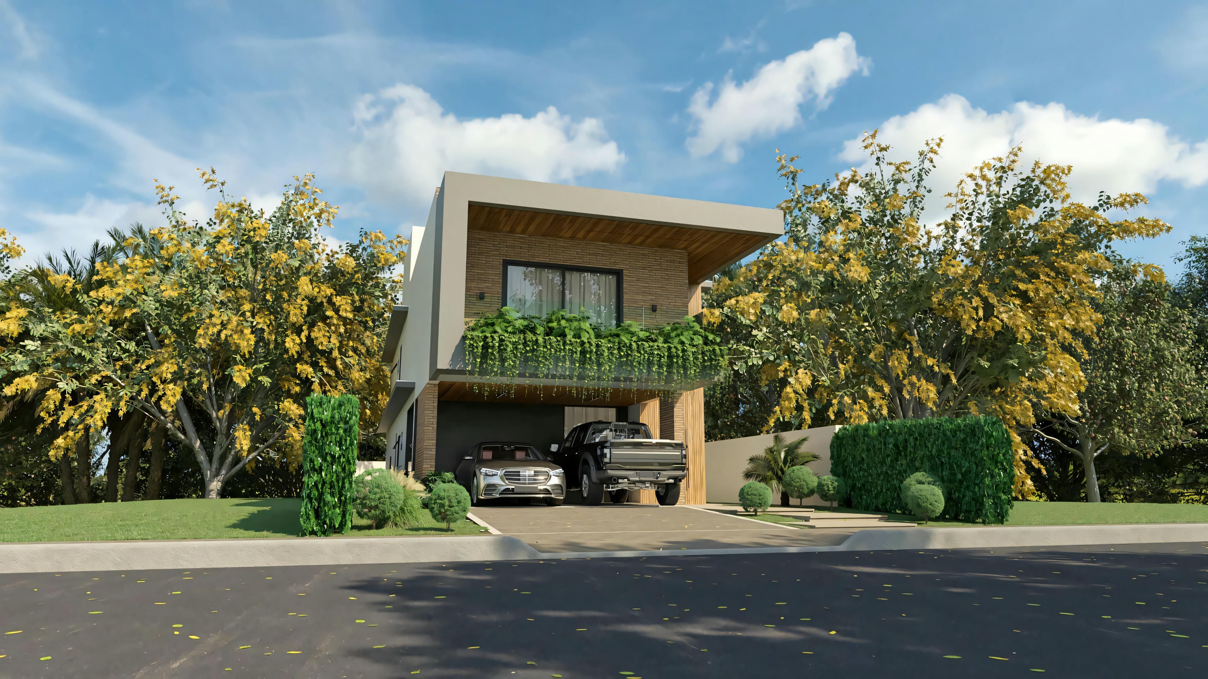 Fachada frontal completa de sobrado moderno de 330m² com estilo industrial, apresentando garagem para 2 carros, varanda com guarda-corpo de vidro e vegetação, e mix de revestimentos como tijolinho e madeira.